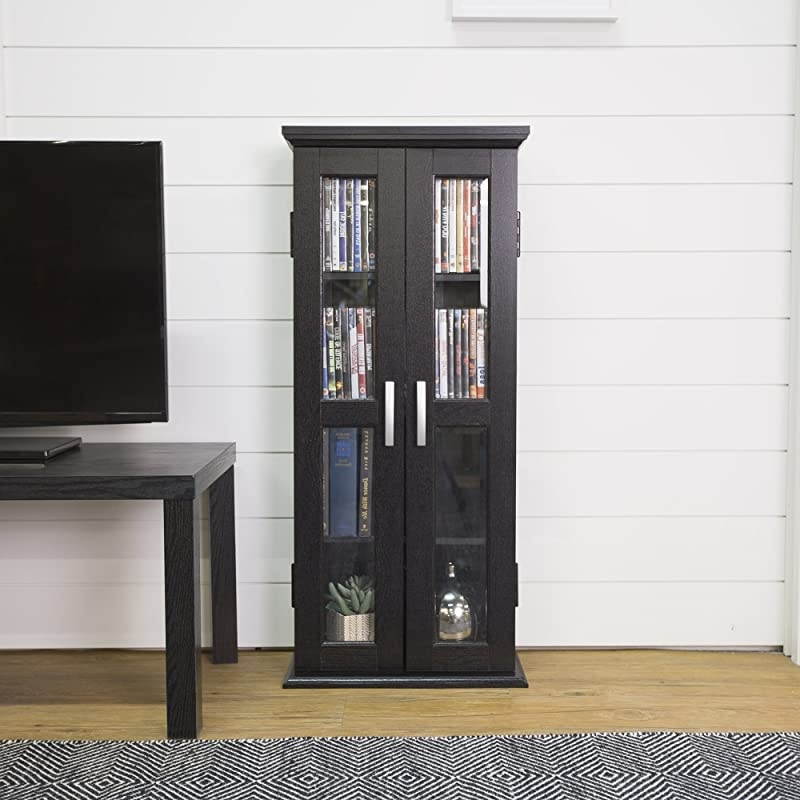 Edison 4 Tier Shelf Living Room Storage Tall Bookshelf Cabinet Doors Home Office Tower Media Organizer 41 Inch Black