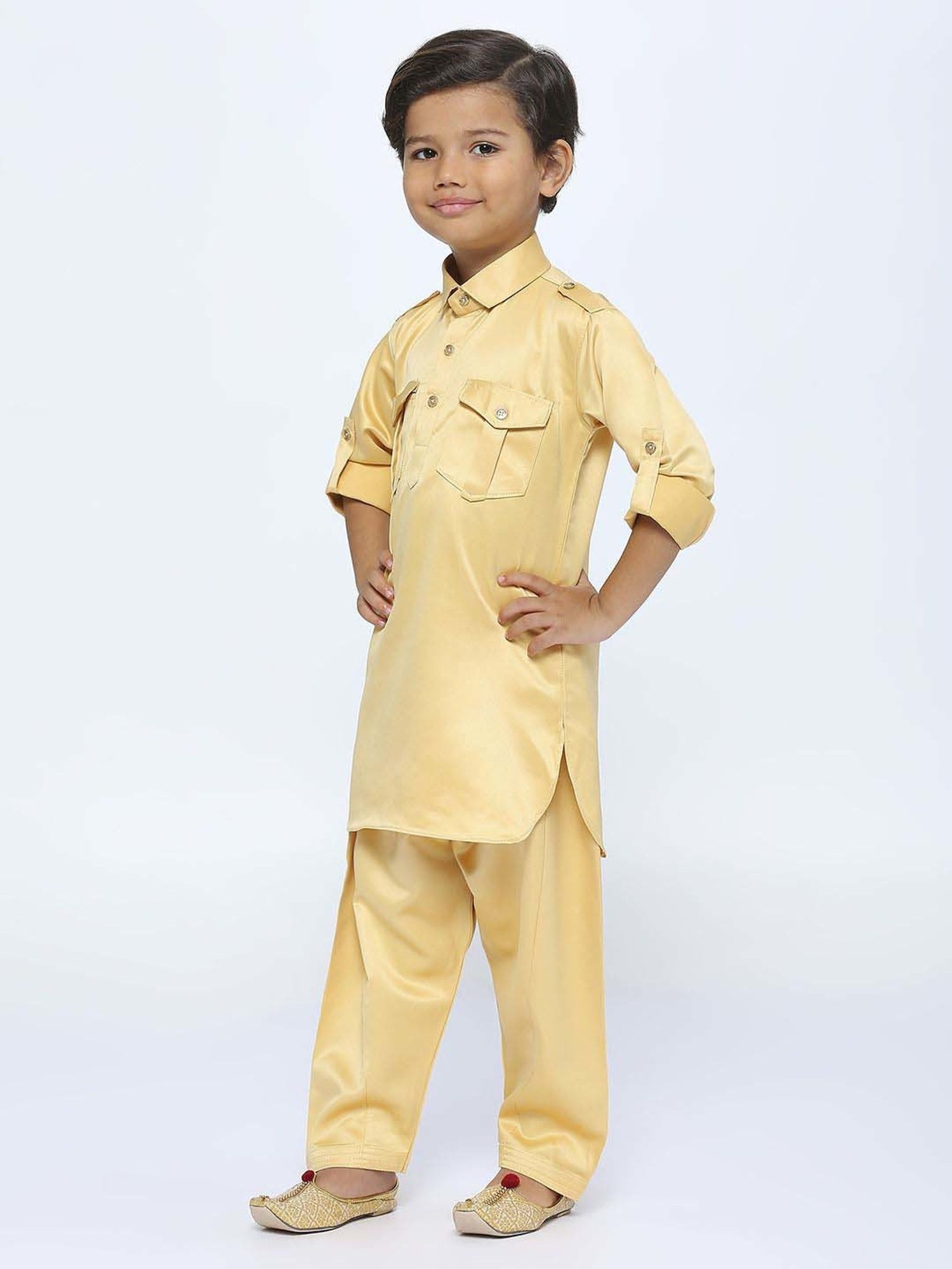 Kids Island Boys Gold Solid Full Sleeves Kurta Set