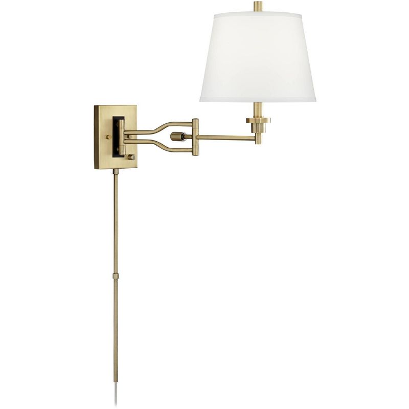 Barnes and Ivy Modern Swing Arm Wall Lamp Brushed Satin Brass Plug-In Light Fixture White Linen Empire Shade for Bedroom Bedside