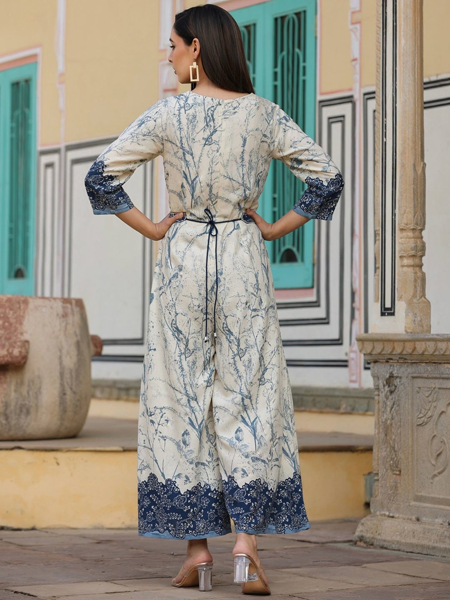 Juniper Off-White Floral Printed Rayon Jumpsuit With Thread Embroidery