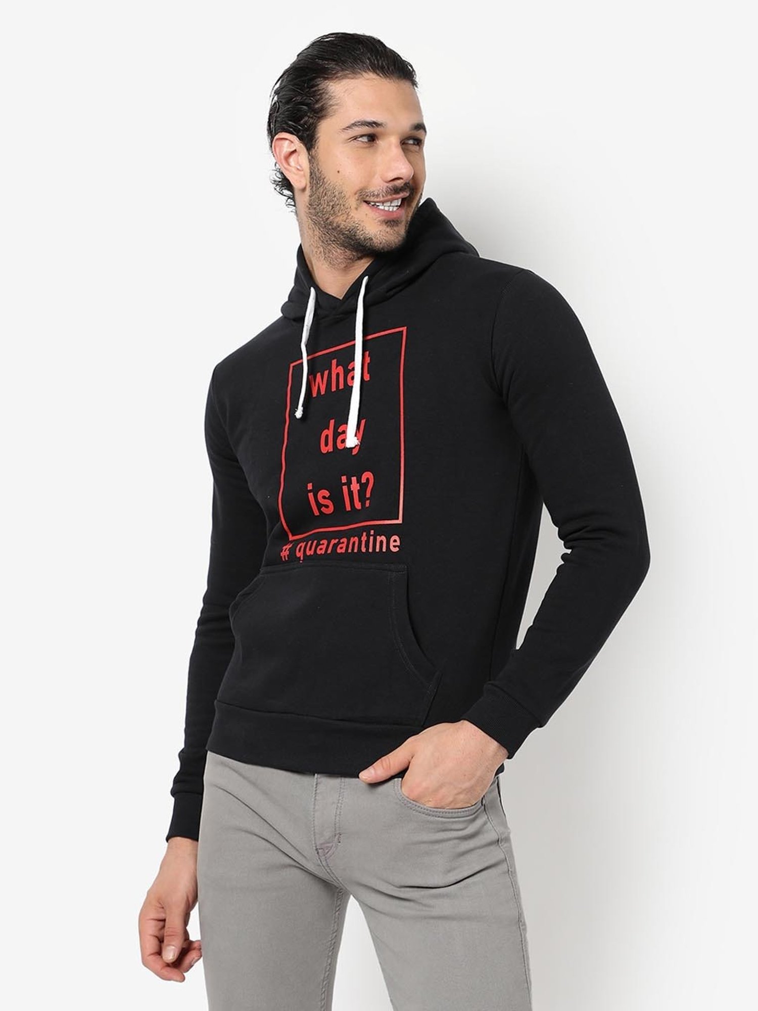 Campus Sutra Black Cotton Regular Fit Printed Hooded Sweatshirt