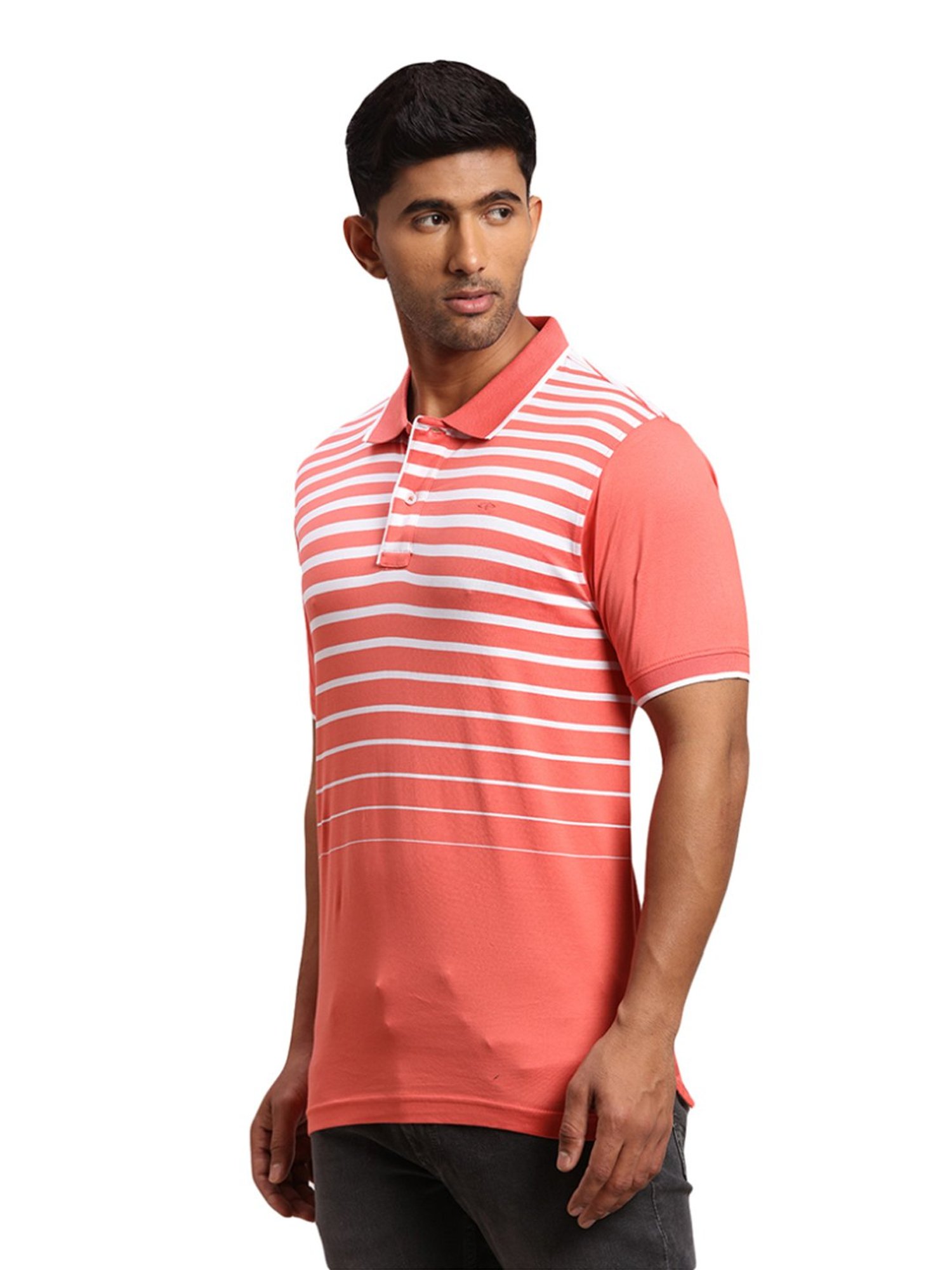 Colorplus Orange Cotton Tailored Fit Striped Polo T-Shirt