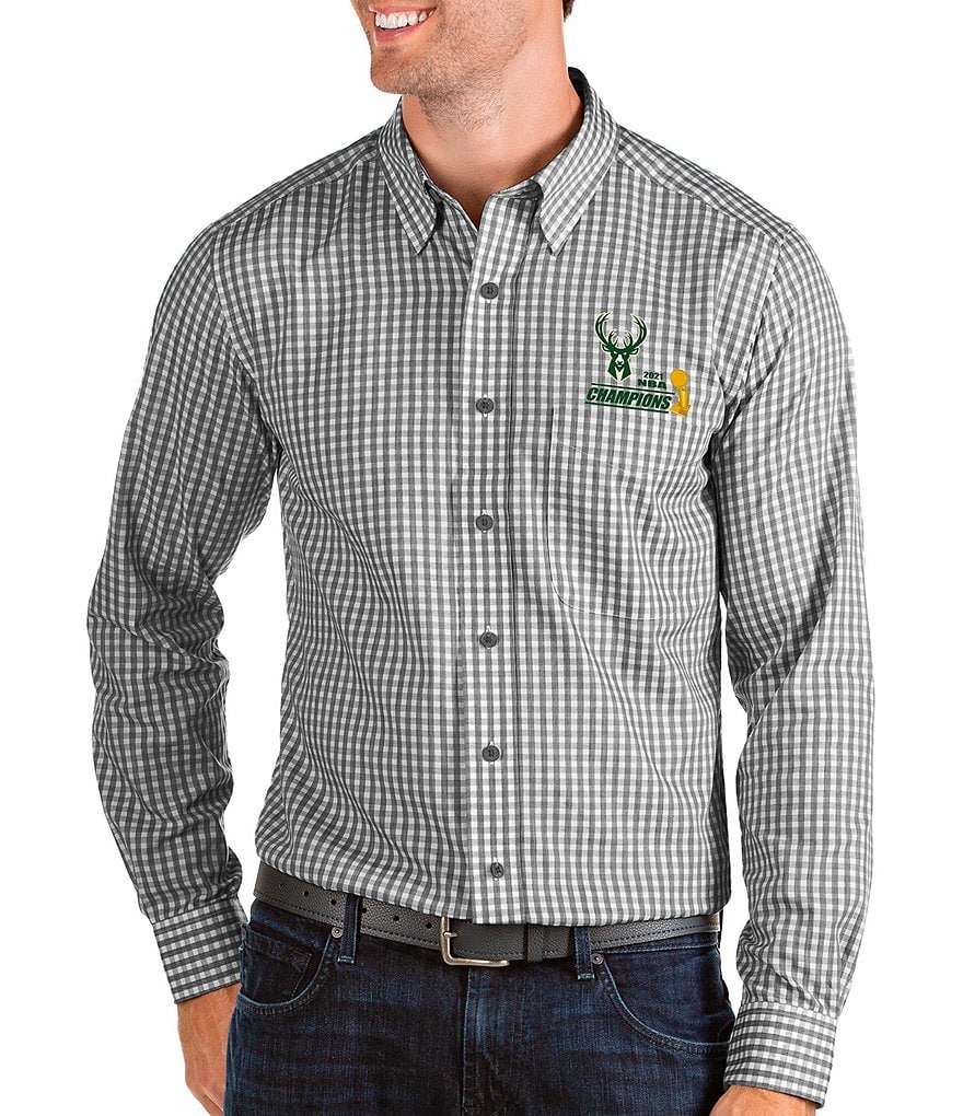 Antigua Milwaukee Bucks 2021 NBA World Champions Structure Long-Sleeve Woven Shirt