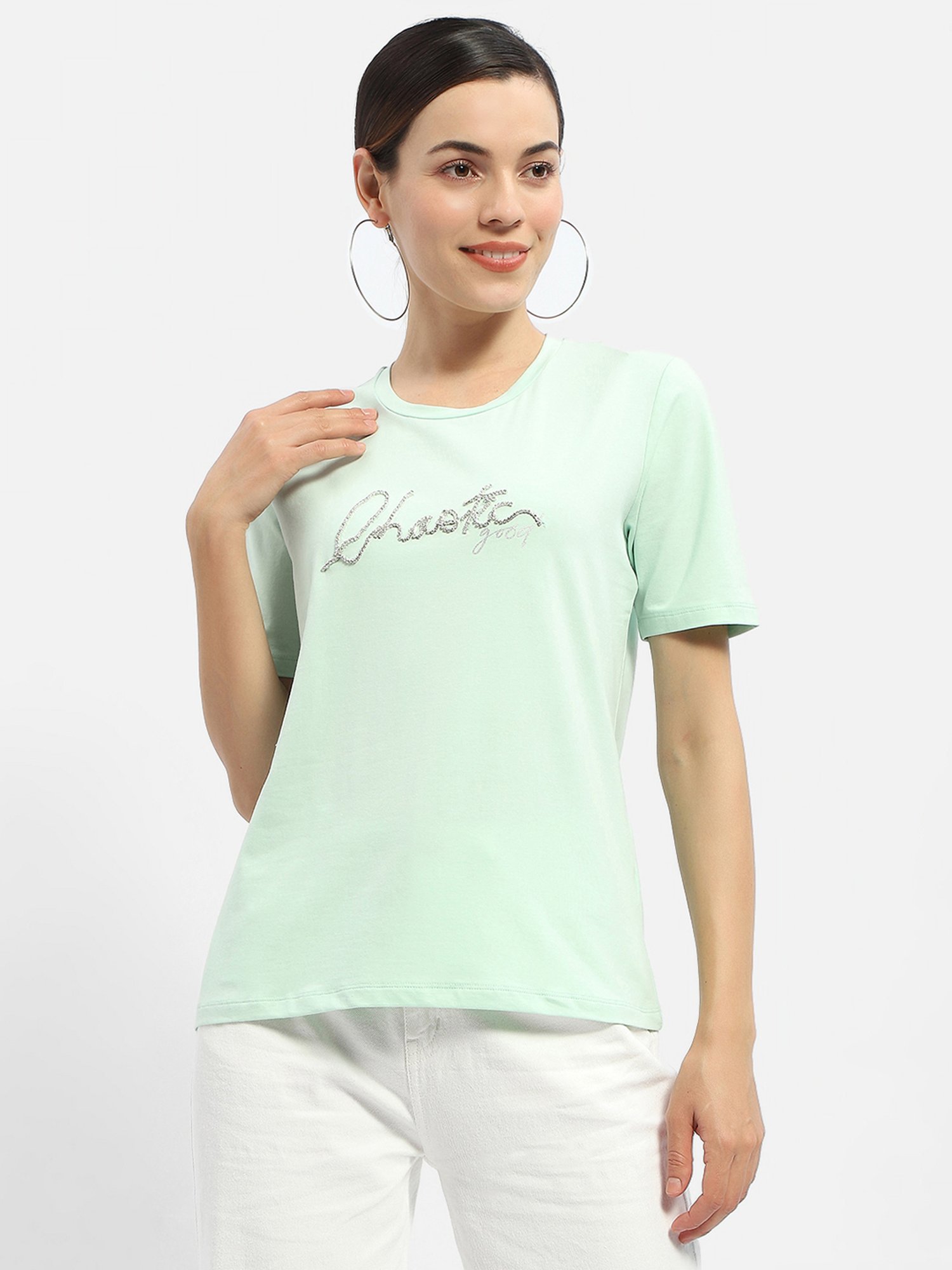 MADAME Mint Green Cotton Embellished T-Shirt