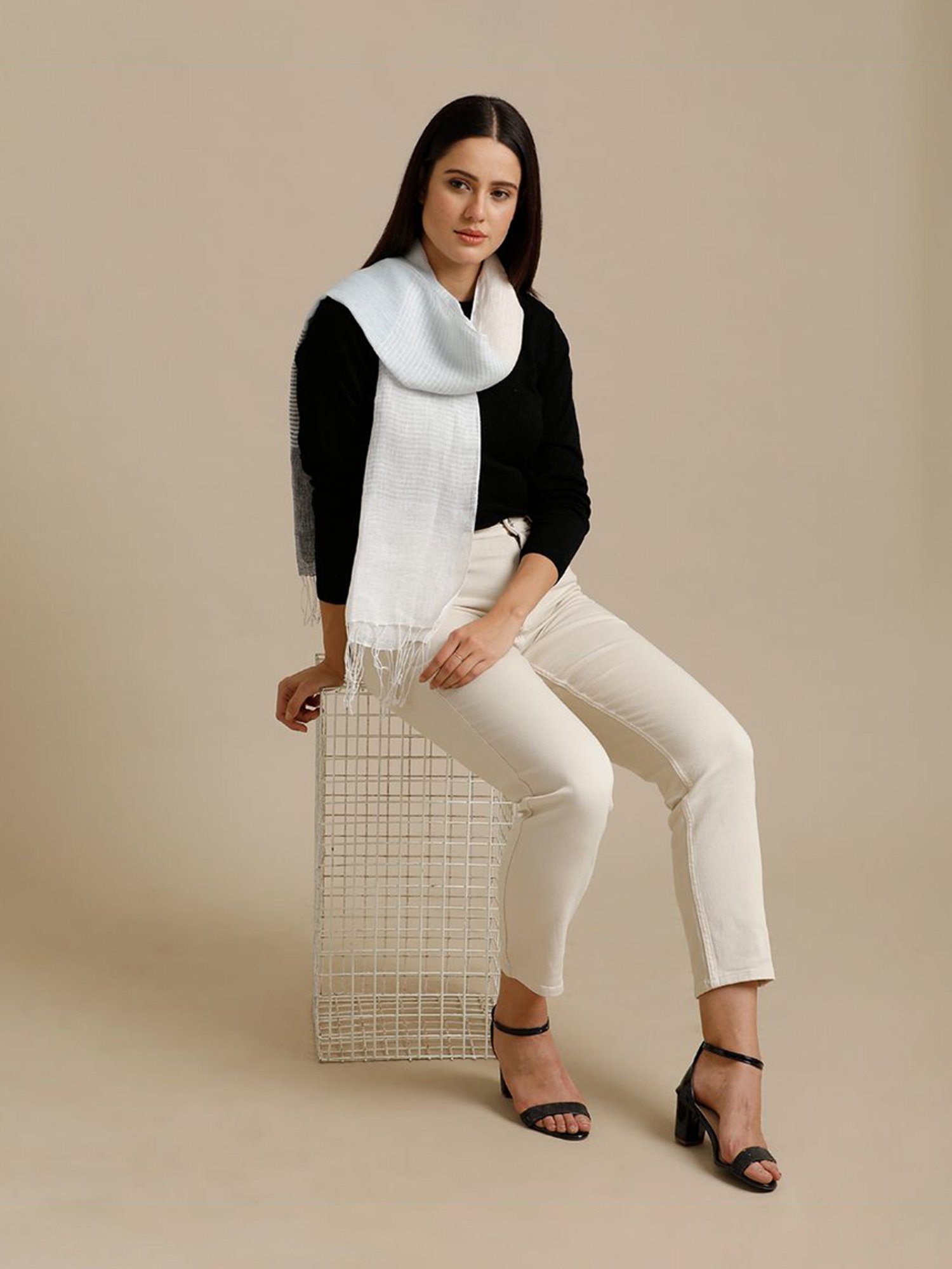 Linen Club Grey Striped Pure Linen Stole