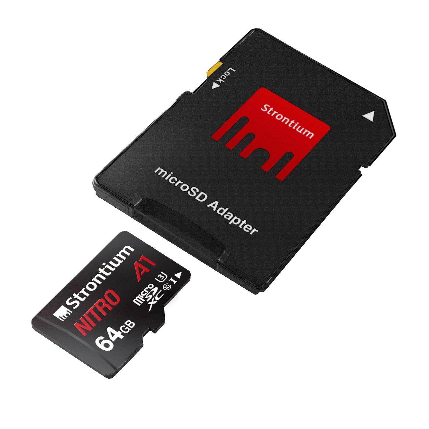 Strontium Nitro 64GB Micro SDXC Memory Card 100MB/s A1 UHS-I U3 Class 10 w/Adapter High Speed for Smartphones Tablets Drones Action Cams (SRN64GTFU3A1A)
