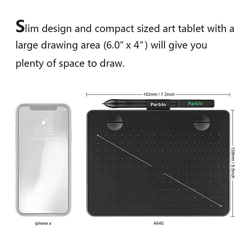 A640 Drawing Tablet with 8192 Levels BatteryFree Stylus Pen 72quot x 59quot Graphic Drawing Tablet for Digital Art Works Drawing Sketch Design Paint