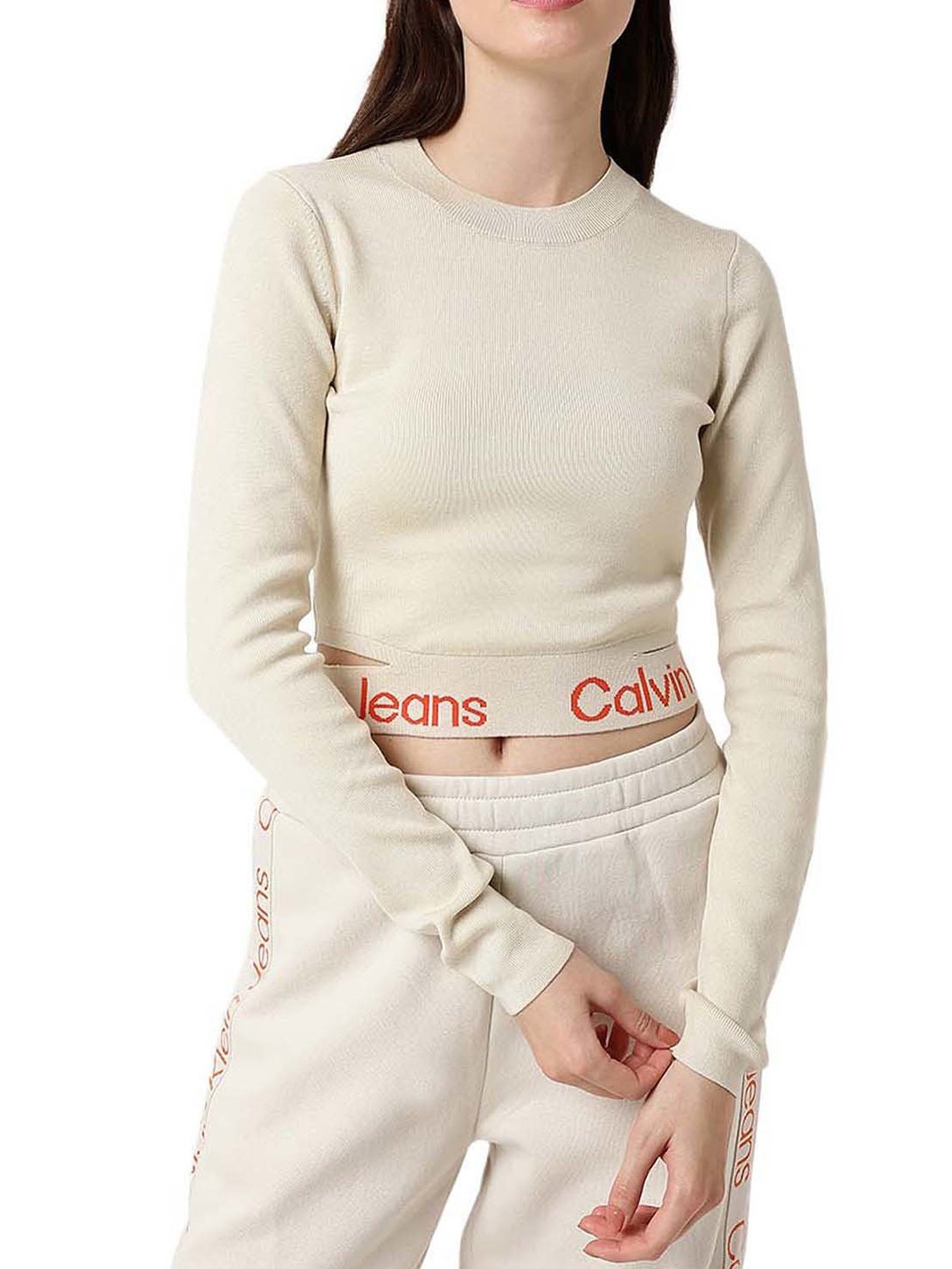 Calvin Klein Jeans Eggshell & Coral Orange Logo Comfort Fit Sweater