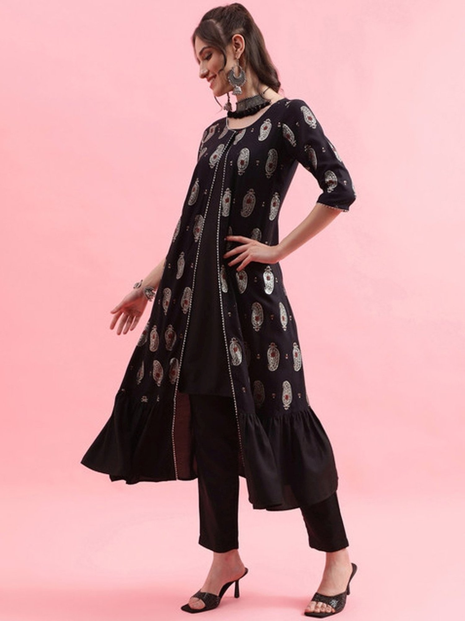 Skylee Black Printed A Line Kurta