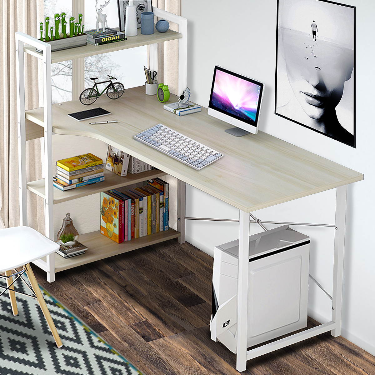 Computer Desk PC Laptop Table Bookshelf Study Home Office Workstation W/ Shelves