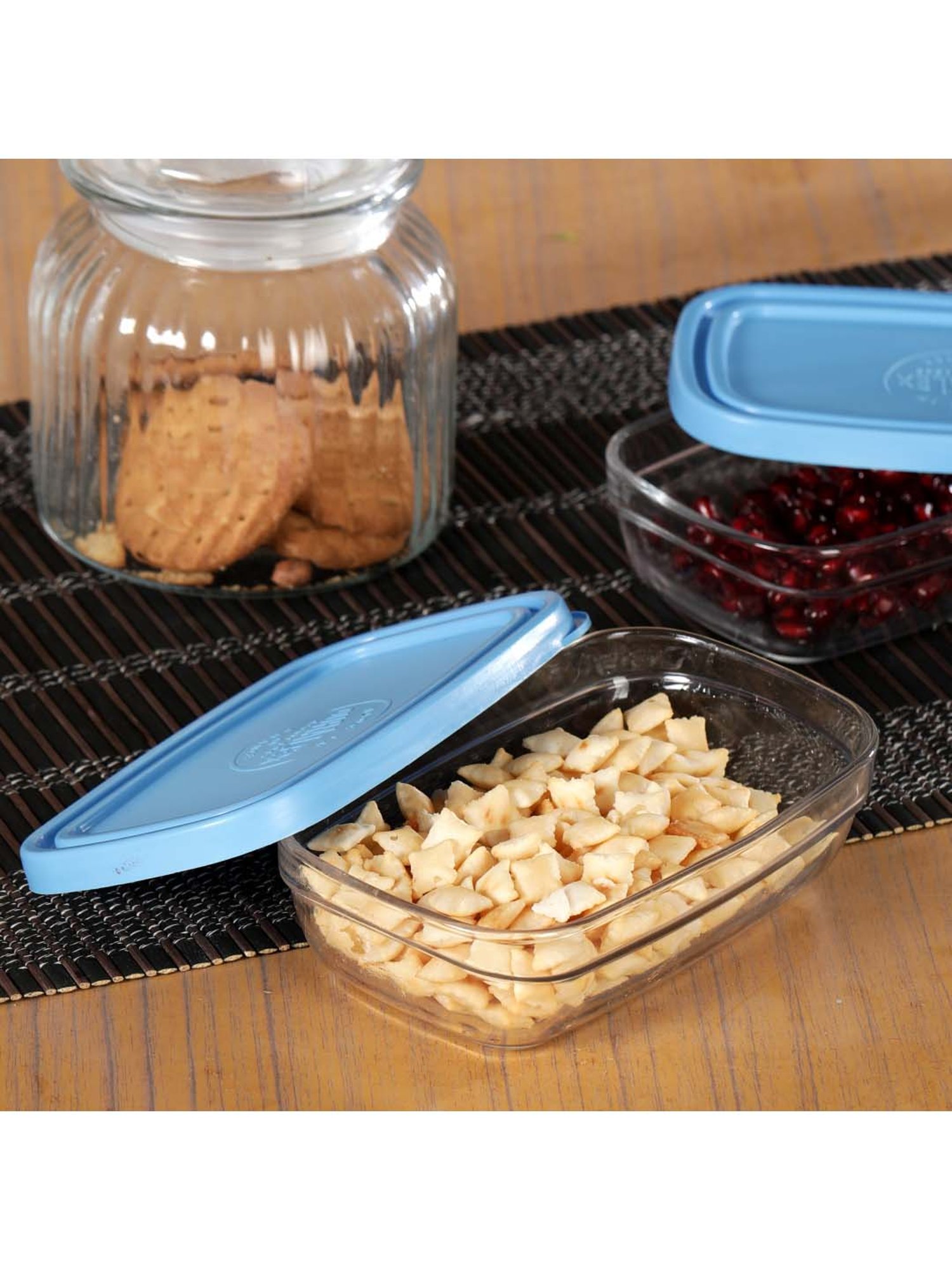 Duralex 'Freshbox' Transparent & Blue Glass 15 cm Container With Lid (0.37 L) - Set of 2