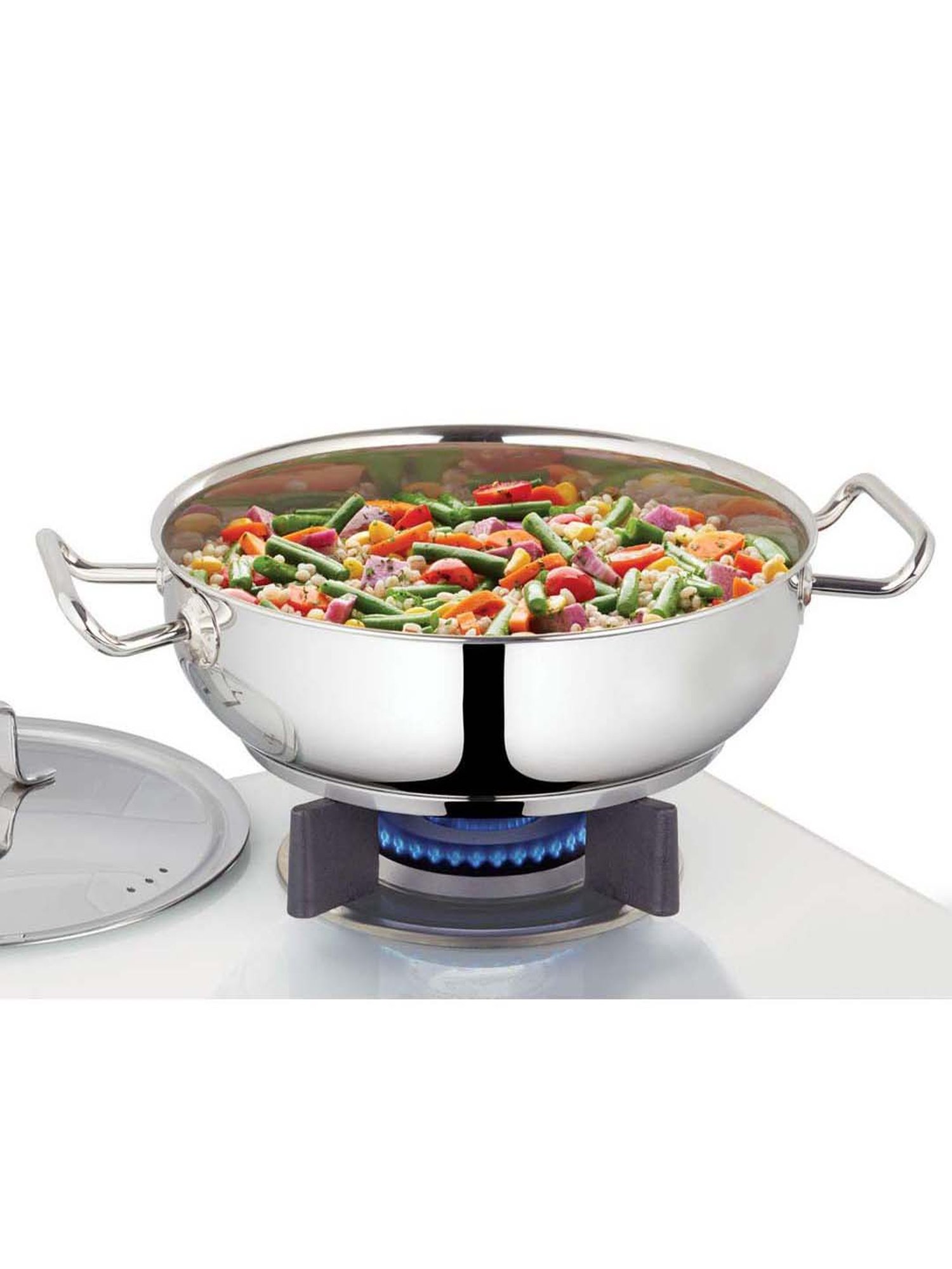 Borosil Silver Stainless Steel Flat Kadai with Lid (2800 ml) - Set of 1