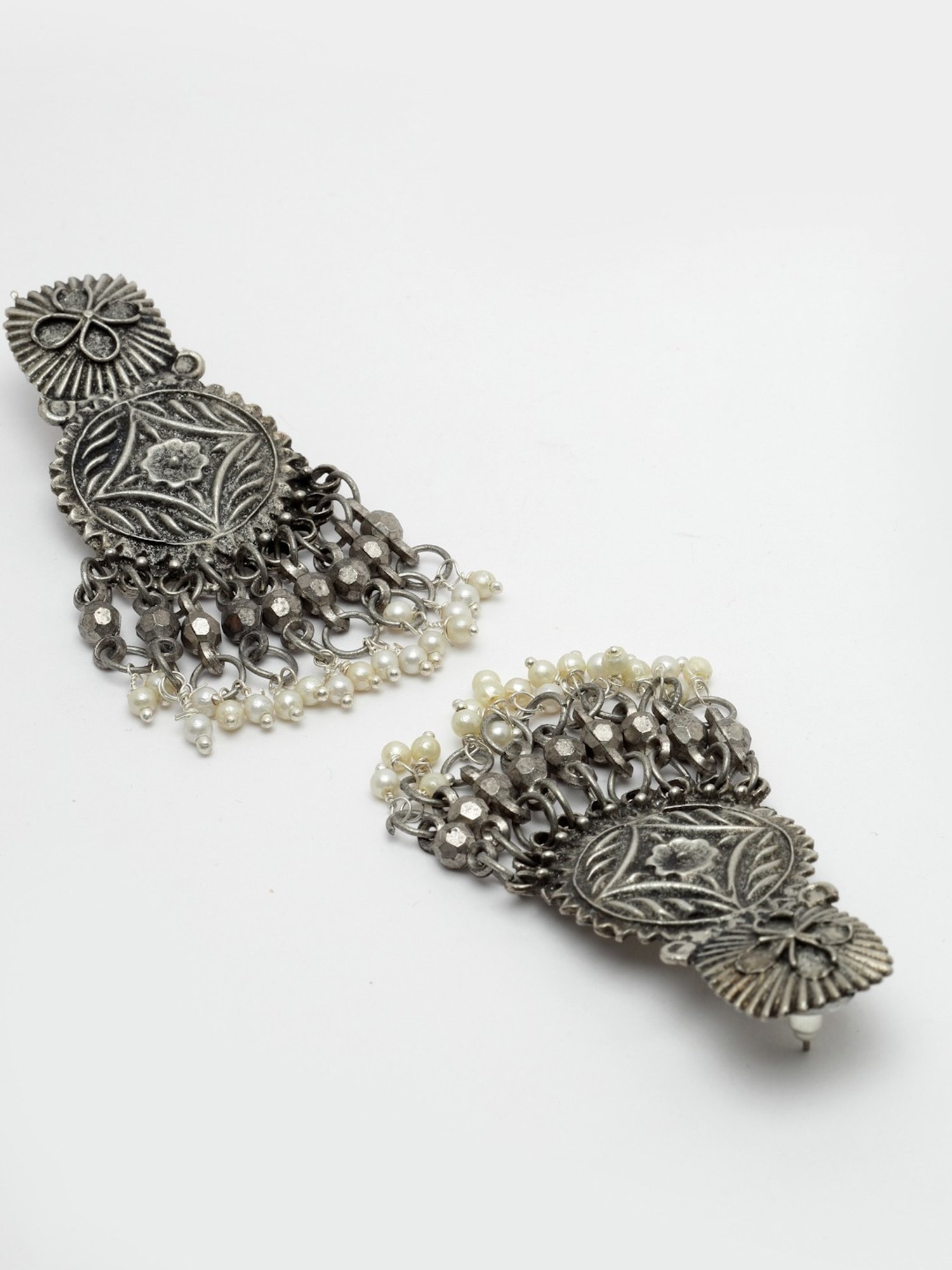 Moedbuille Ghungroo and Pearls Tasselled Design Oxidised Silver Handcrafted Antique Earrings