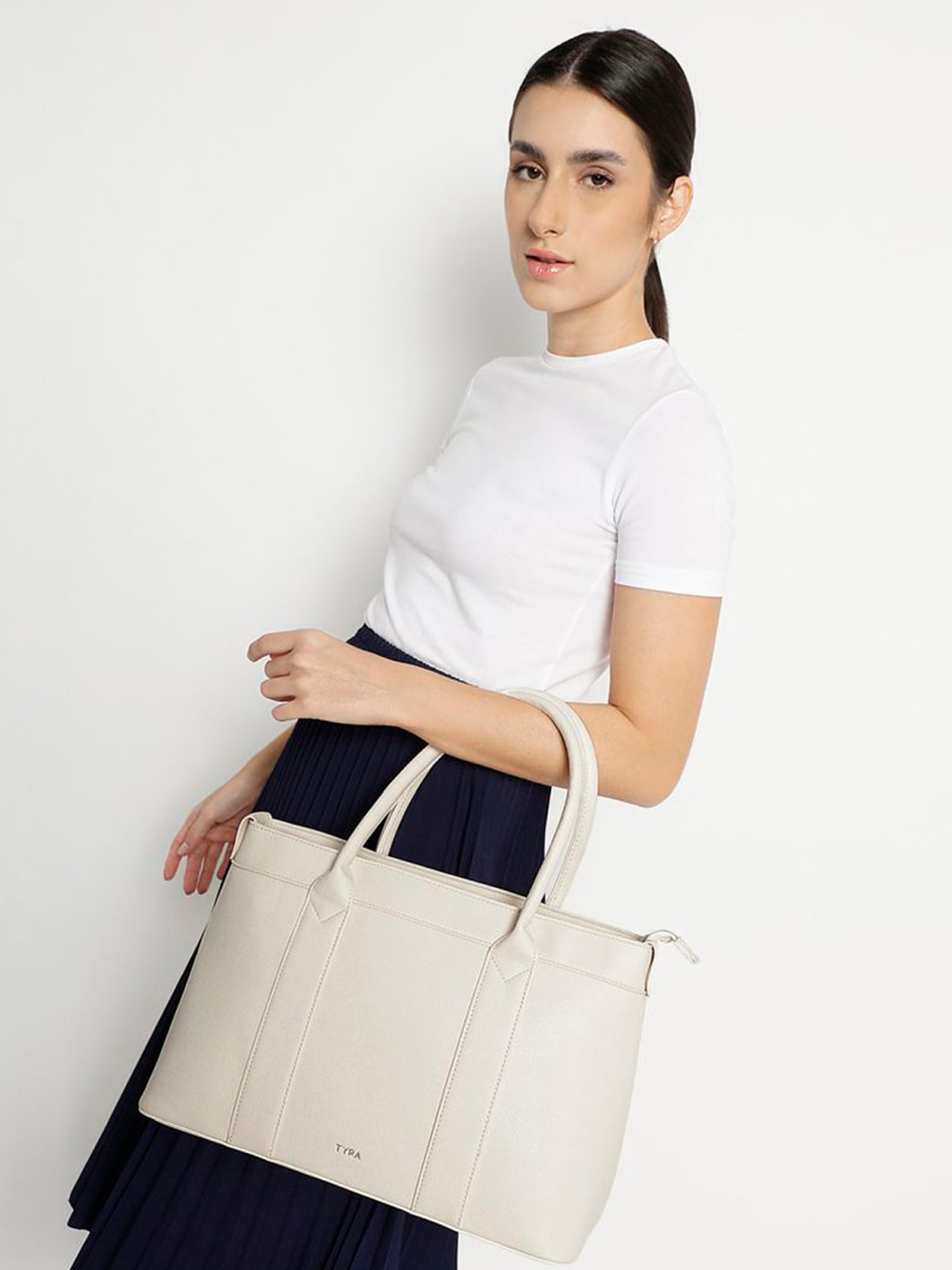 Tyra Lina Off White Solid Faux Leather Tote Handbag