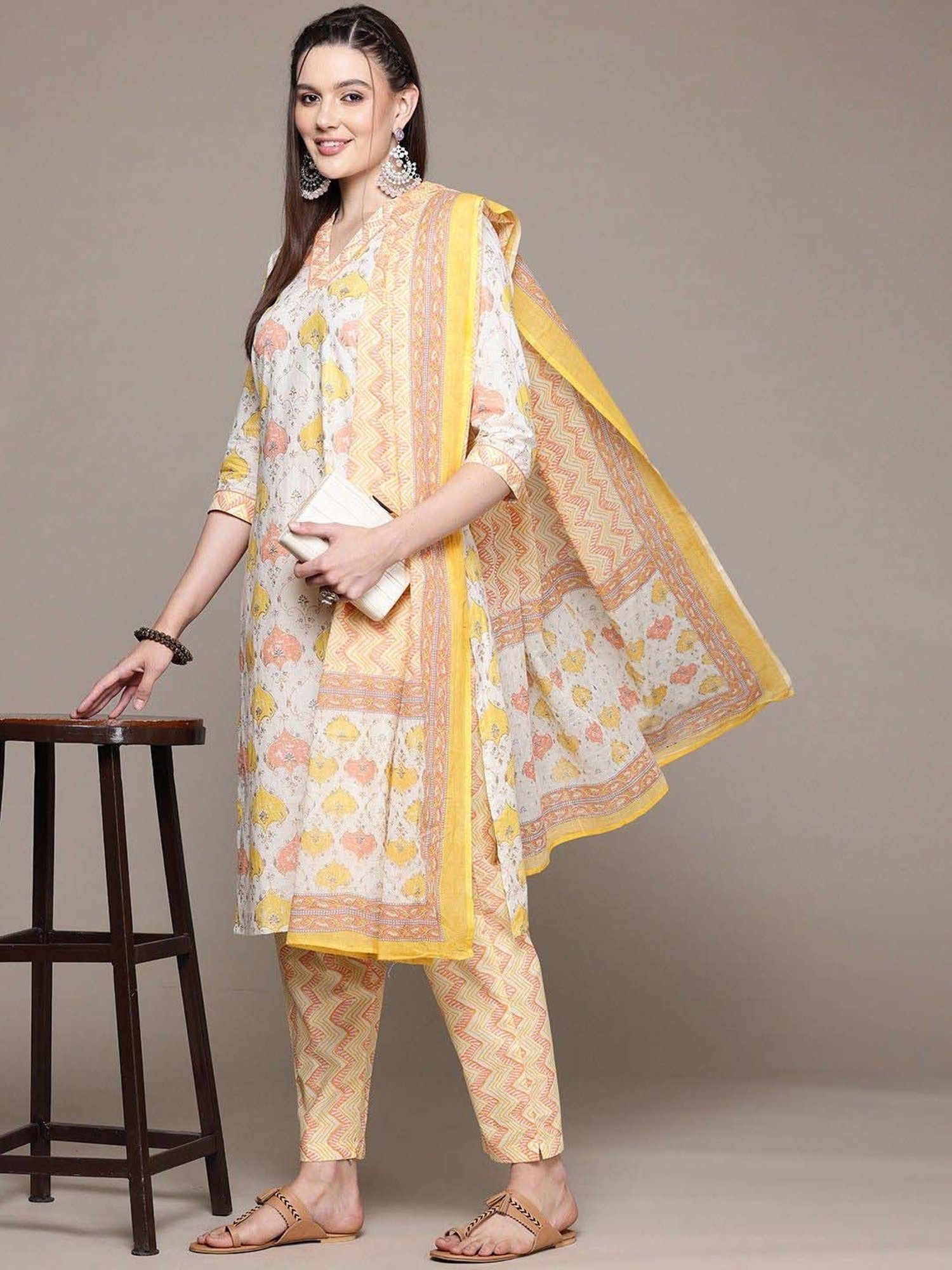 READIPRINT FASHIONS Beige Cotton Printed Kurta Pant Set With Dupatta