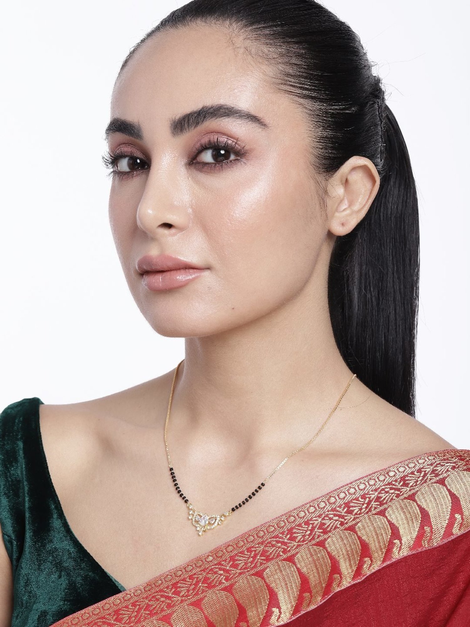 Abdesigns Gold-Plated American Diamond & Black Beaded Mangalsutra