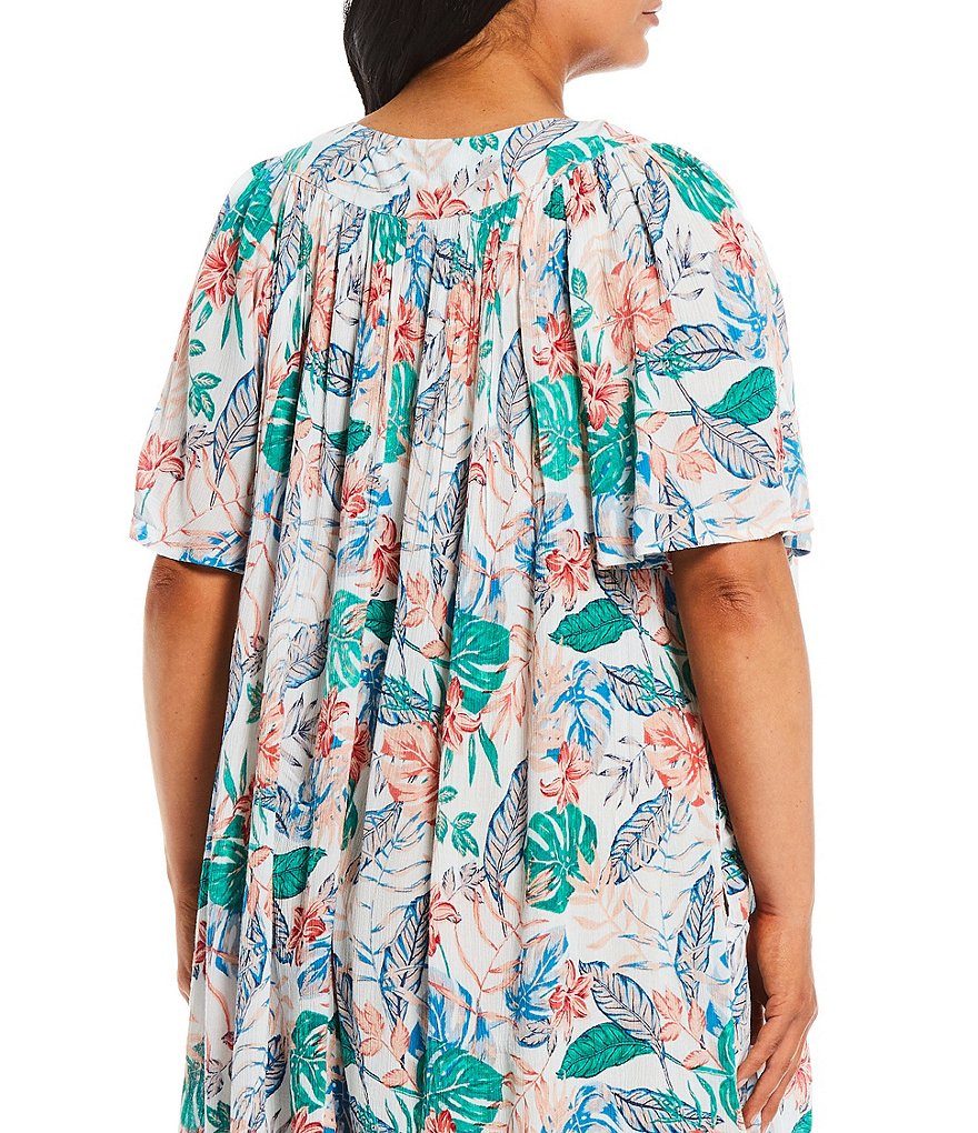 Kate Landry Plus Tropical Floral Print Henley Crinkled Woven Patio Dress