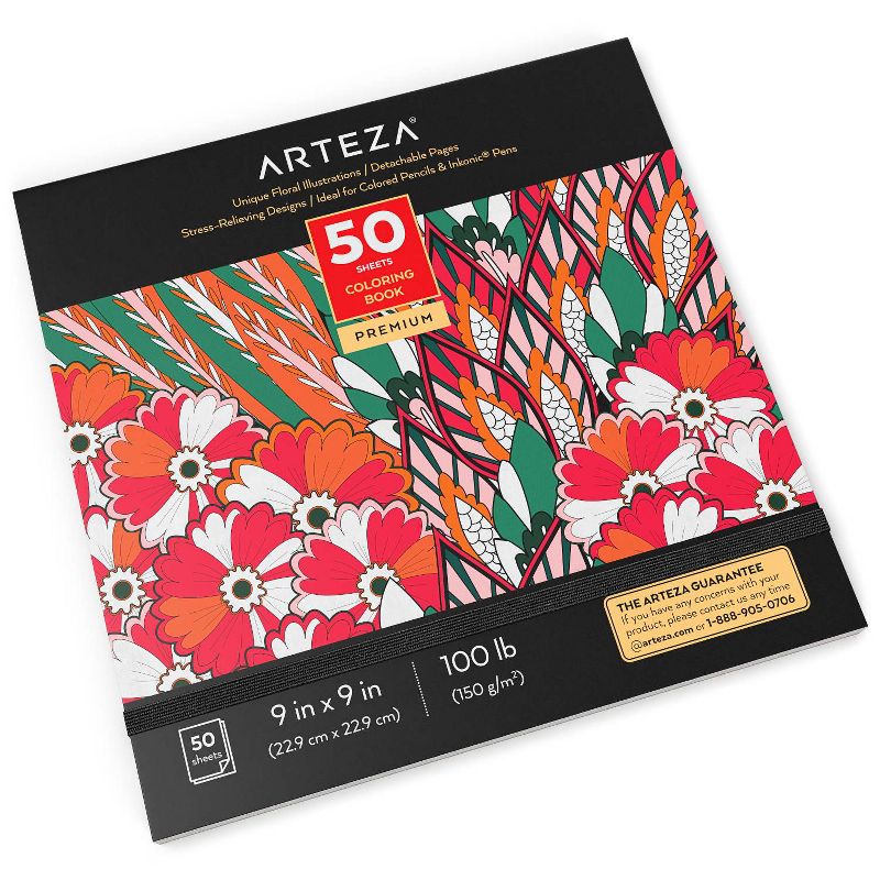 Arteza Adult Coloring Book, Floral Illustrations, 9"x9" - 50 Sheets (ARTZ-4155)