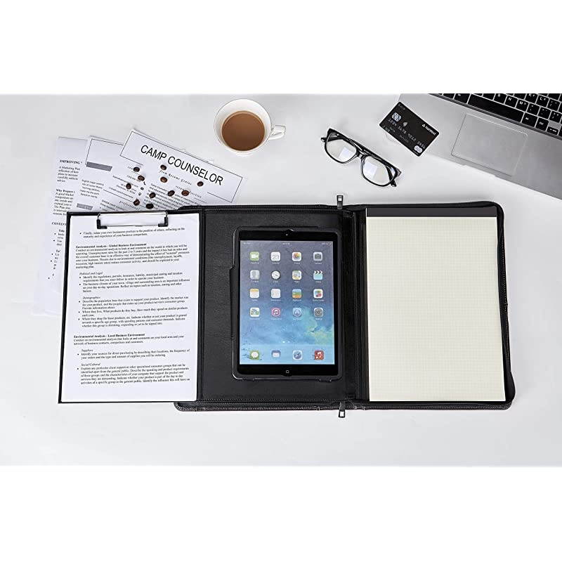 Portfolio with Tablet Case for 10.5-inch iPad Pro/Air, Business Cow Leather Padfolio Organizer with Letter Size/A4 Clipboard & Notepad Holder, Valentine's Day Gift