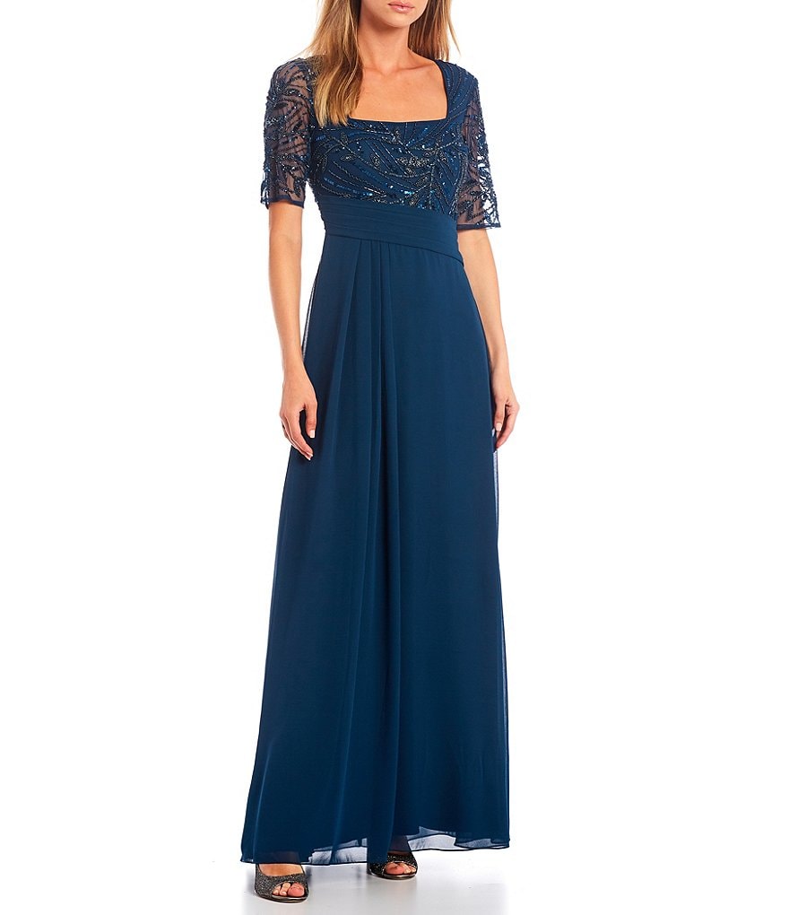 Adrianna Papell Square Neck Short Mesh Sleeve Beaded Bodice Chiffon Gown