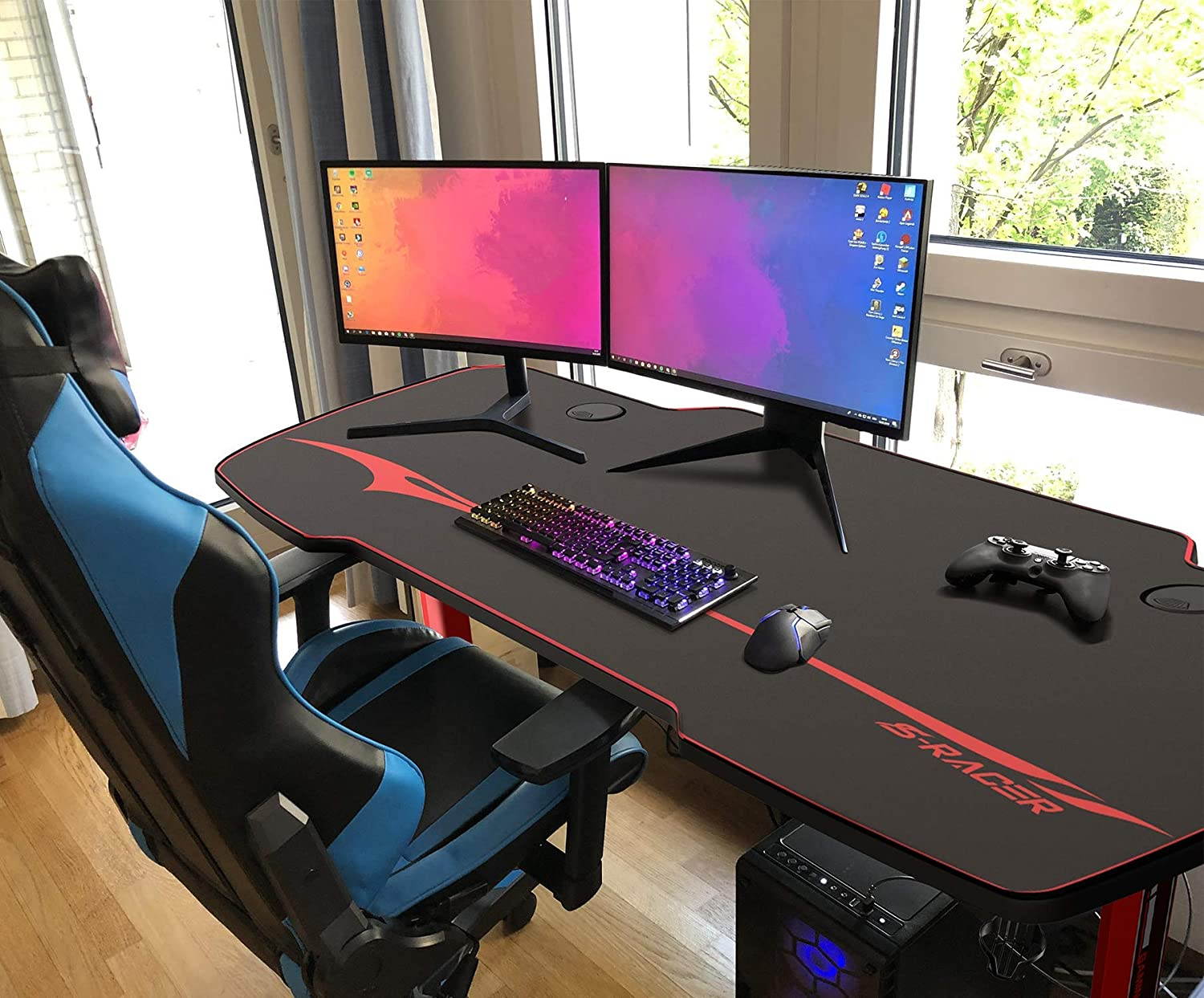 Homall Gaming Desk 43.6'' PC Computer Desk Racing Style T-shaped Home Office Table Gamer Workstation with Free Full Desk Mouse Pad, Game Handle Rack, Cup Holder and Headphone Hook (Red)