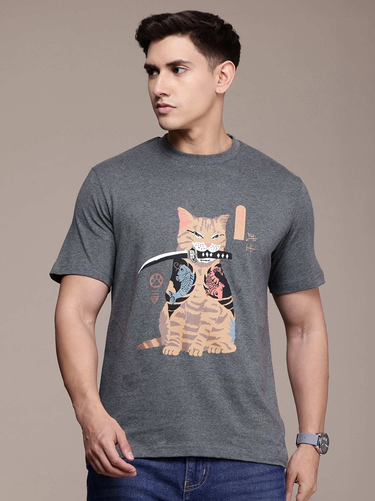 Burnt Umber Grey Regular Fit Graphic Print Crew T-Shirt