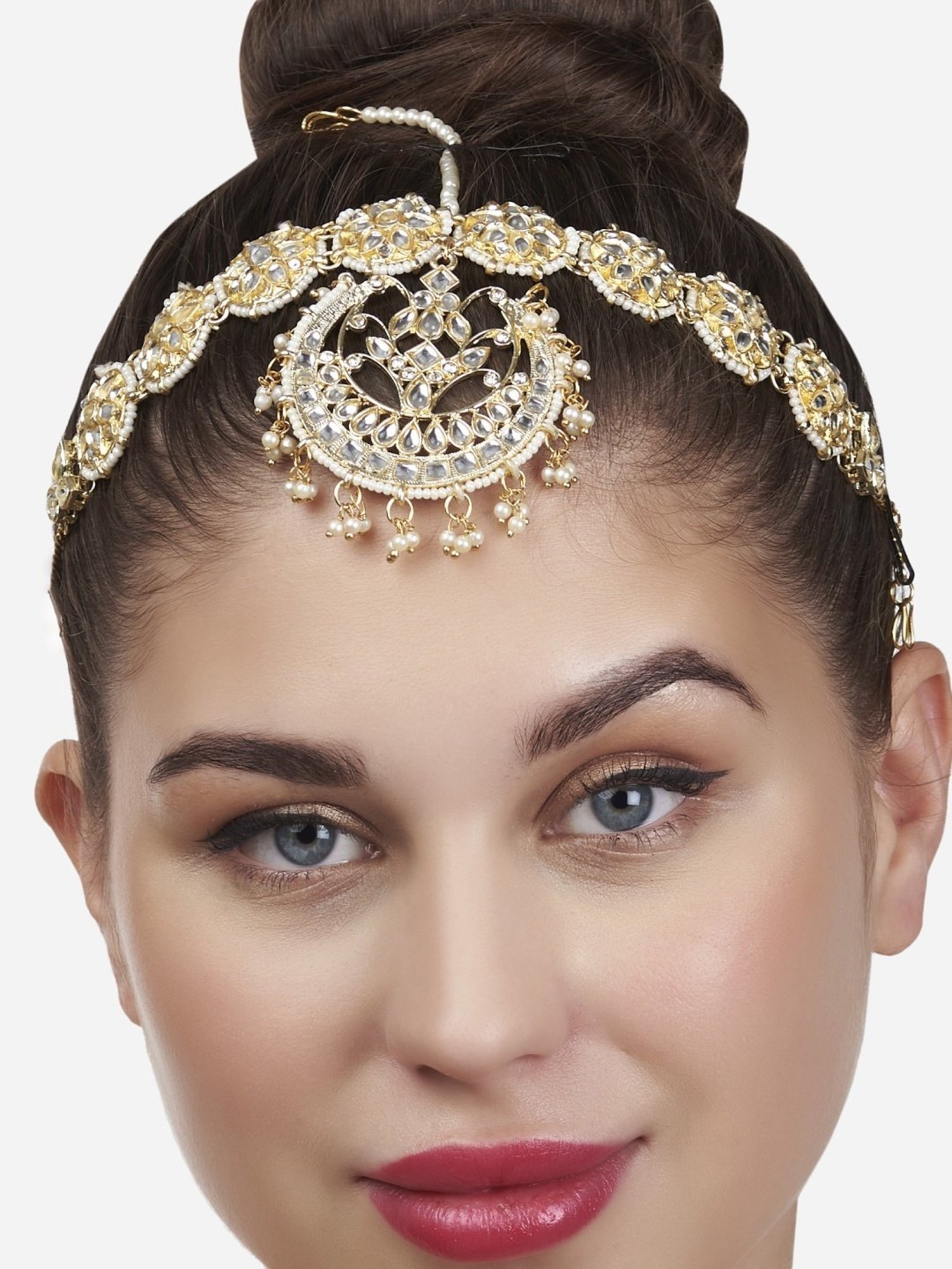 Zaveri Pearls Gold Tone Kundan & Pearls Bridal Crescent Matha Patti Style Maangtikka-ZPFK13525