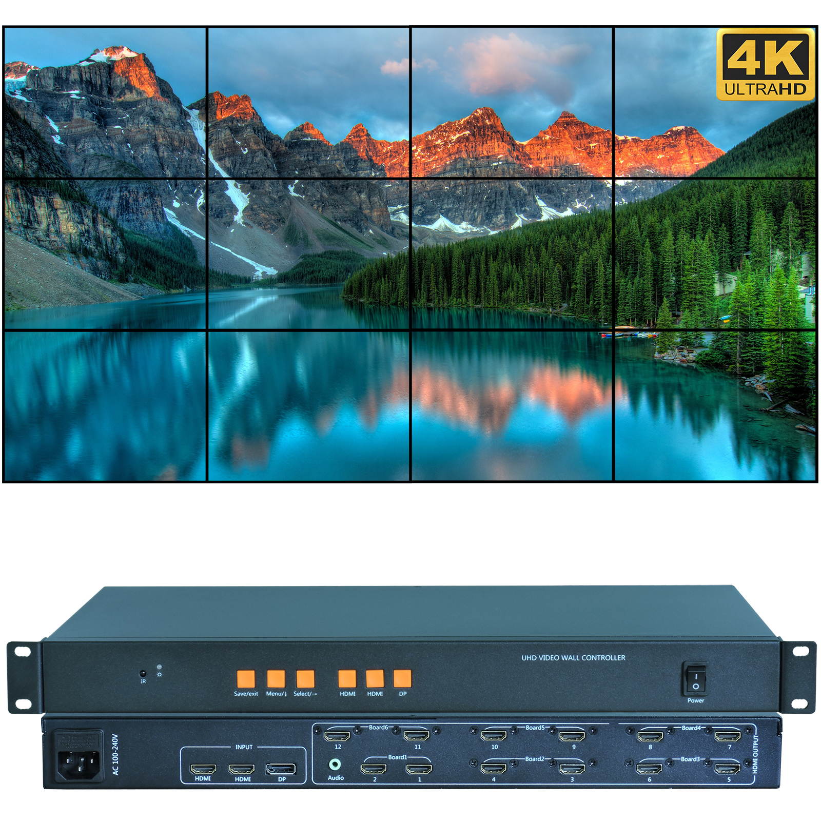 Video Wall Controller 4K 3840x2160@60Hz HDMI 2.0, HDMI 1.4, DP1.2 Inputs with 12 HDMI Outputs for TV Splicing, Support 3x4,3x3,2x5,2x6,6x1,6x2 Display and 180 Degree Rotate