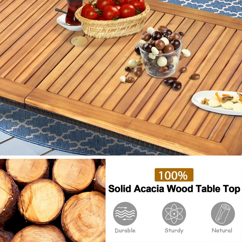 Costway 7 PCS Patio Rattan Dining Set Acacia Wood Table Top Stackable Chair