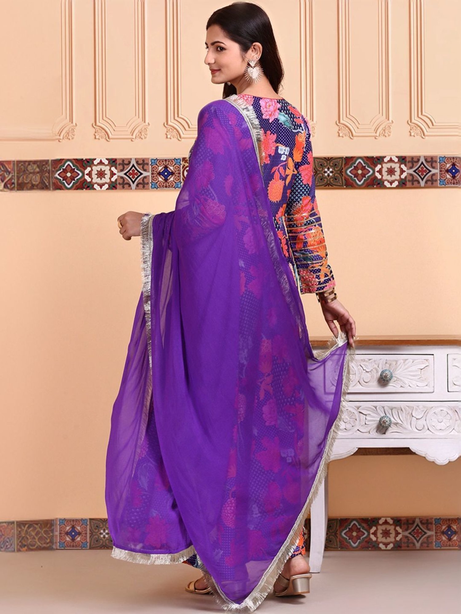 Ishin Navy & Orange Floral Print Dress with Dupatta