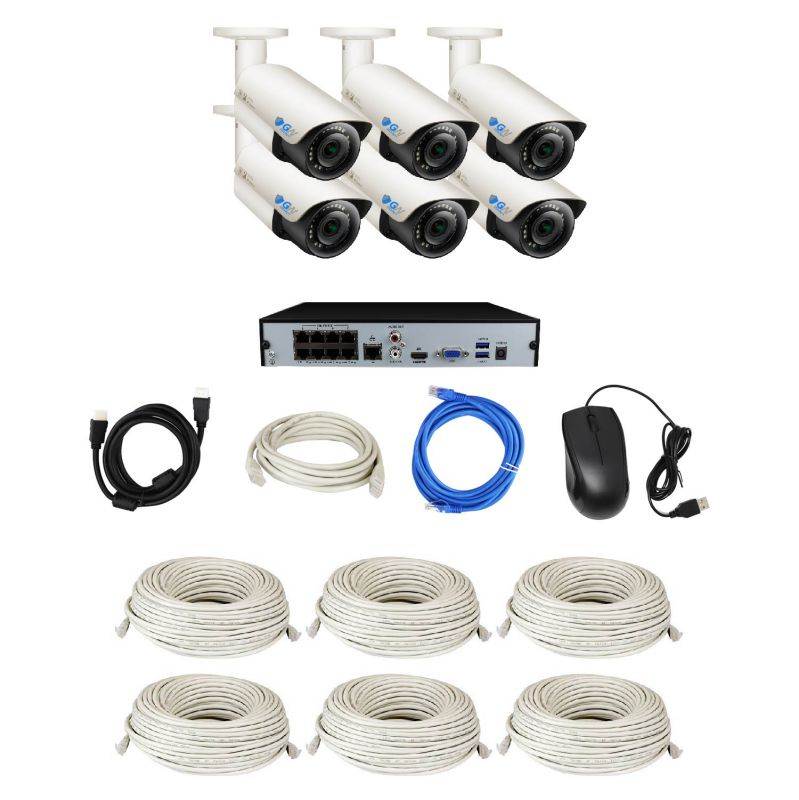 GW 5 Megapixel IP Camera PoE System, 8 Channel H.265 HEVC NVR w/ 4K Output, 8 x 5MP Full HD (2592 x 1920p) Digital WDR Power Over Ethernet Water Proof 130 Ft Night Vision Bullet IP Camera (2TB HDD)