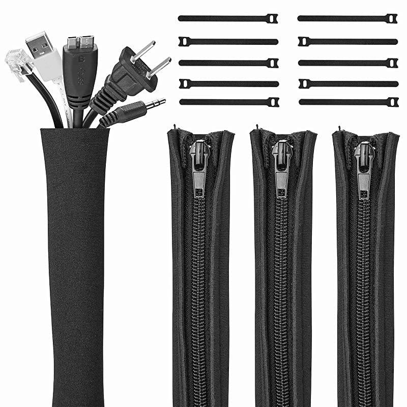 4 Pack Cable Management Sleeve with 10 Pieces Cable Tie 20 inch Cord Organizer System with Zipper for TVComputerHome Entertainment Flexible Cable Sleeve Wrap Cover Black