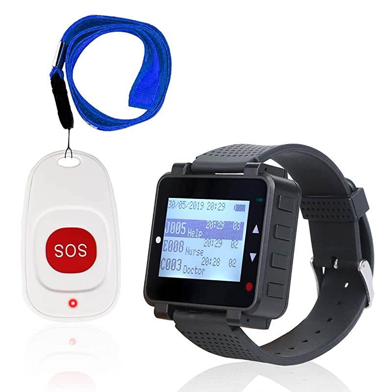 T128 Caregiver Pager,Nurse Alert Button,Vibration,Display 3 Call Records,1 TH001 Waterproof Help SOS Call Button for Patient,Disabled,Elderly