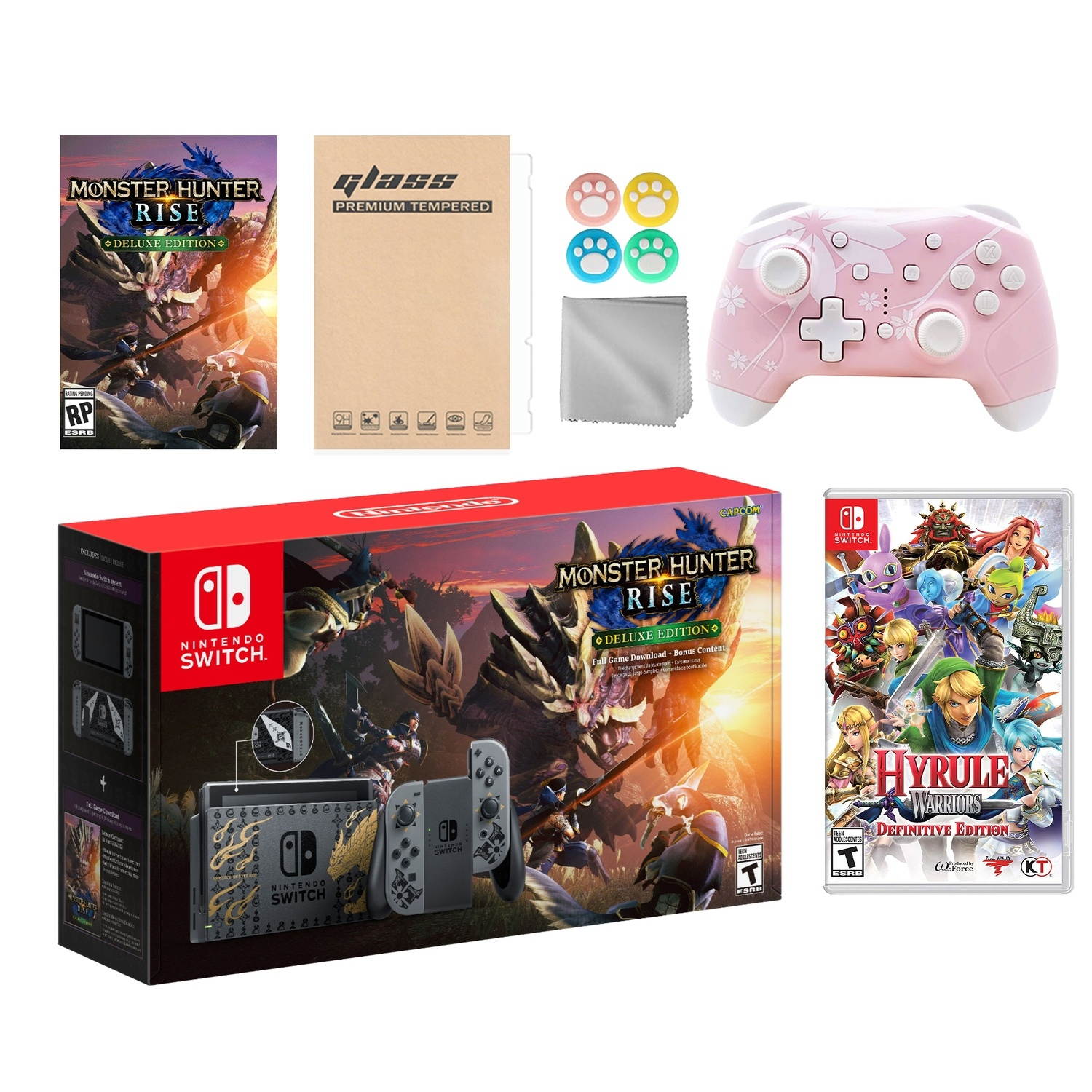 Nintendo Switch Monster Hunter Limited Console Set Plus Monster Hunter Rise Deluxe Edition, Bundle With Hyrule Warriors And Mytrix Wireless Pro Controller and Accessories