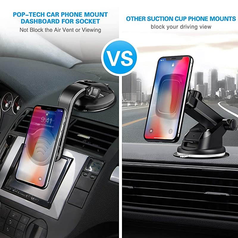 Suction Cup Phone Holder for Socket Users,  Dashboard Car Phone Mount for Collapsible Grip with Adjustable 360&deg;Rotation, Includes 3M Sticky Adhesive Replacement for Expanding Stand - Black