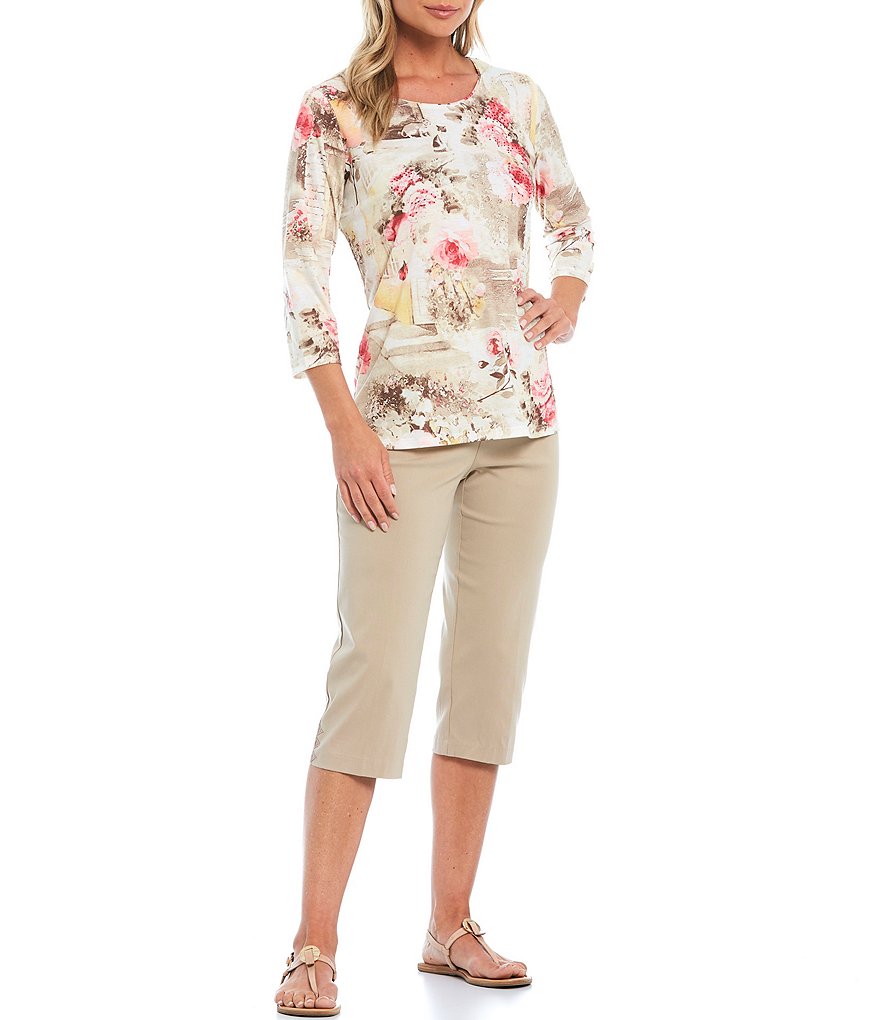 Allison Daley Petite Size Country Garden Print Rhinestone Embellished Detail 3/4 Sleeve Jewel Neck Top