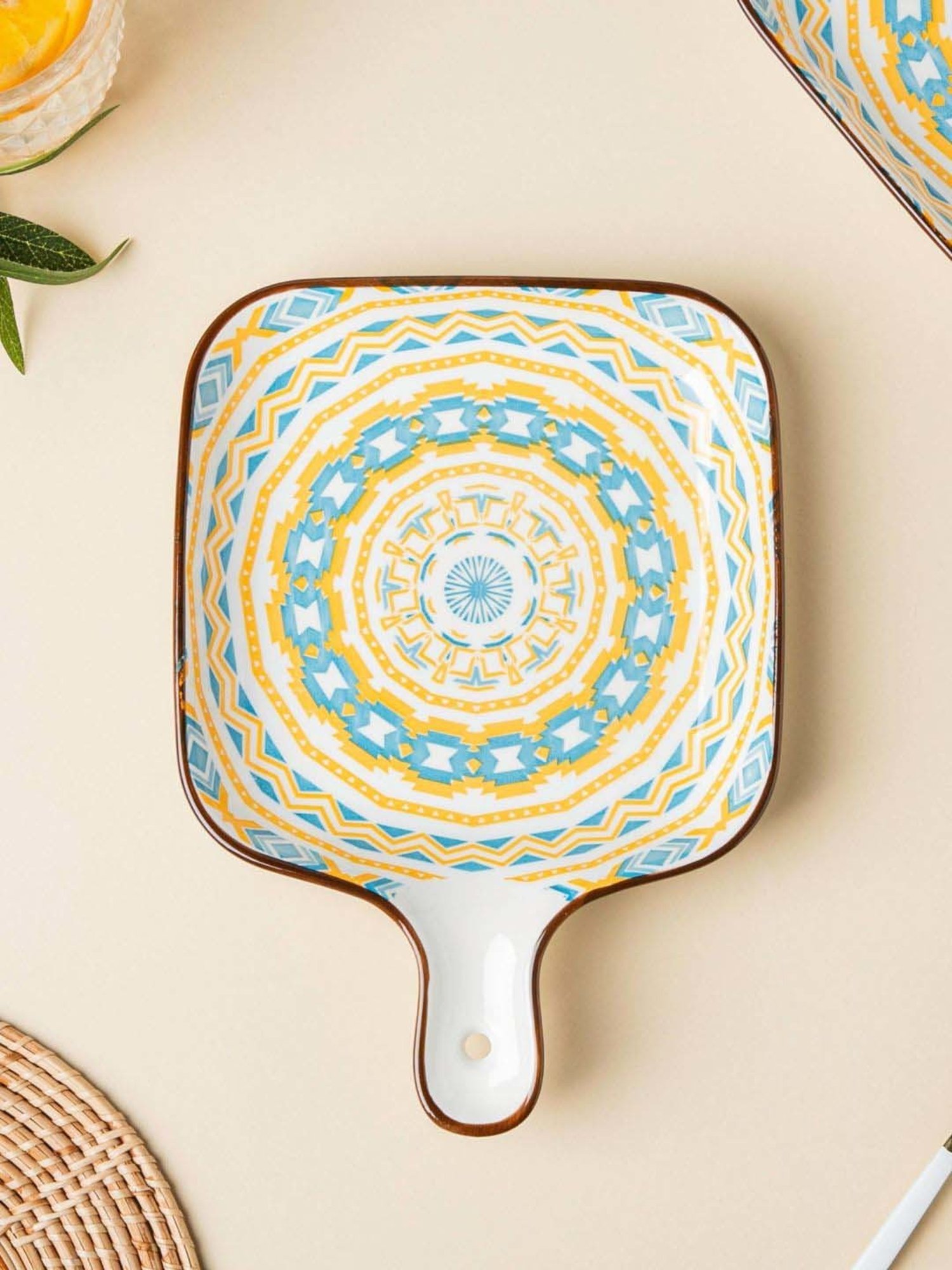 Nestasia Premium Quality Mandala Yellow Spiral Printed Square Shaped Ceramic Plate With Handle