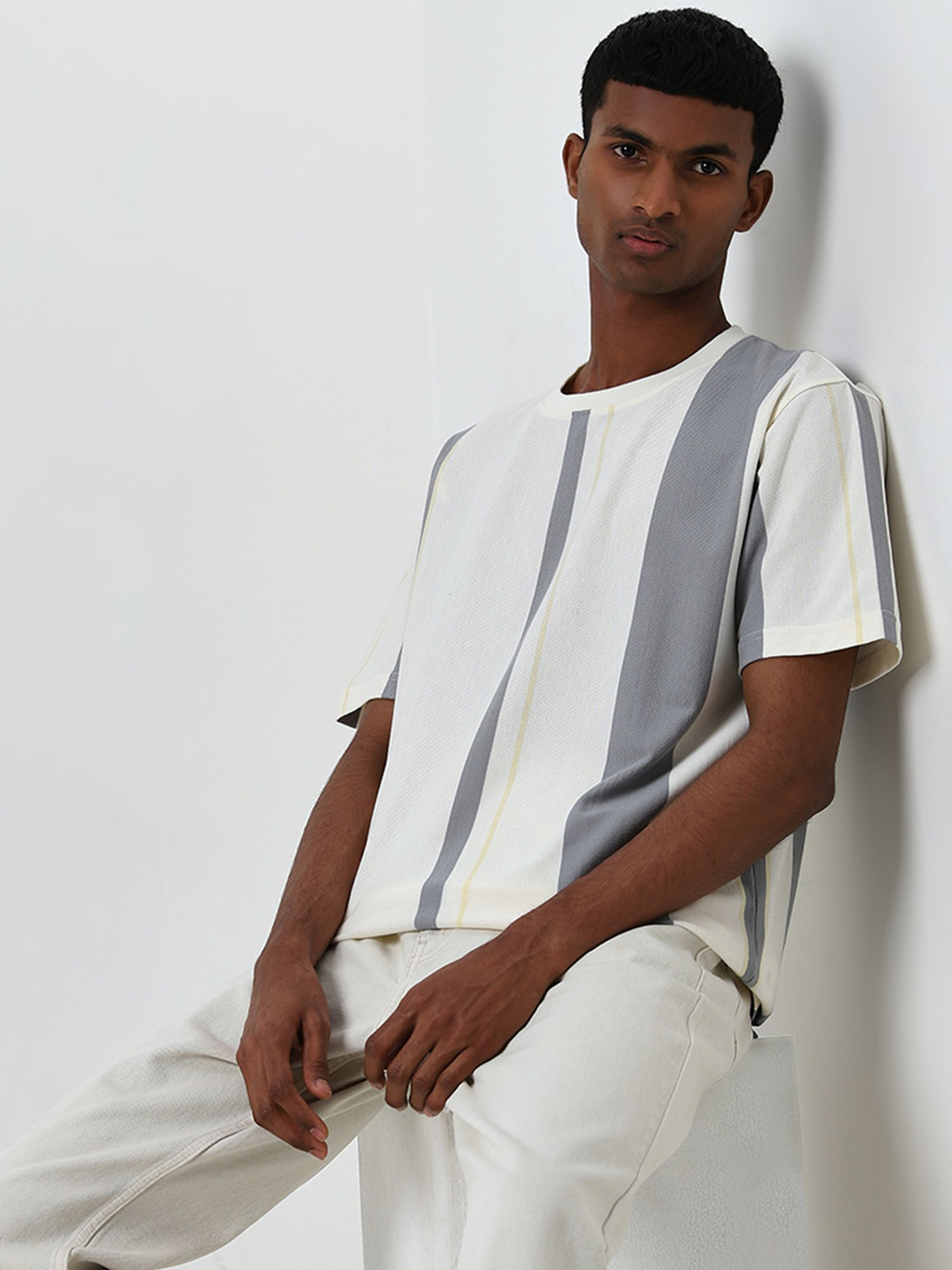 Nuon by Westside Grey Striped Relaxed-Fit T-Shirt