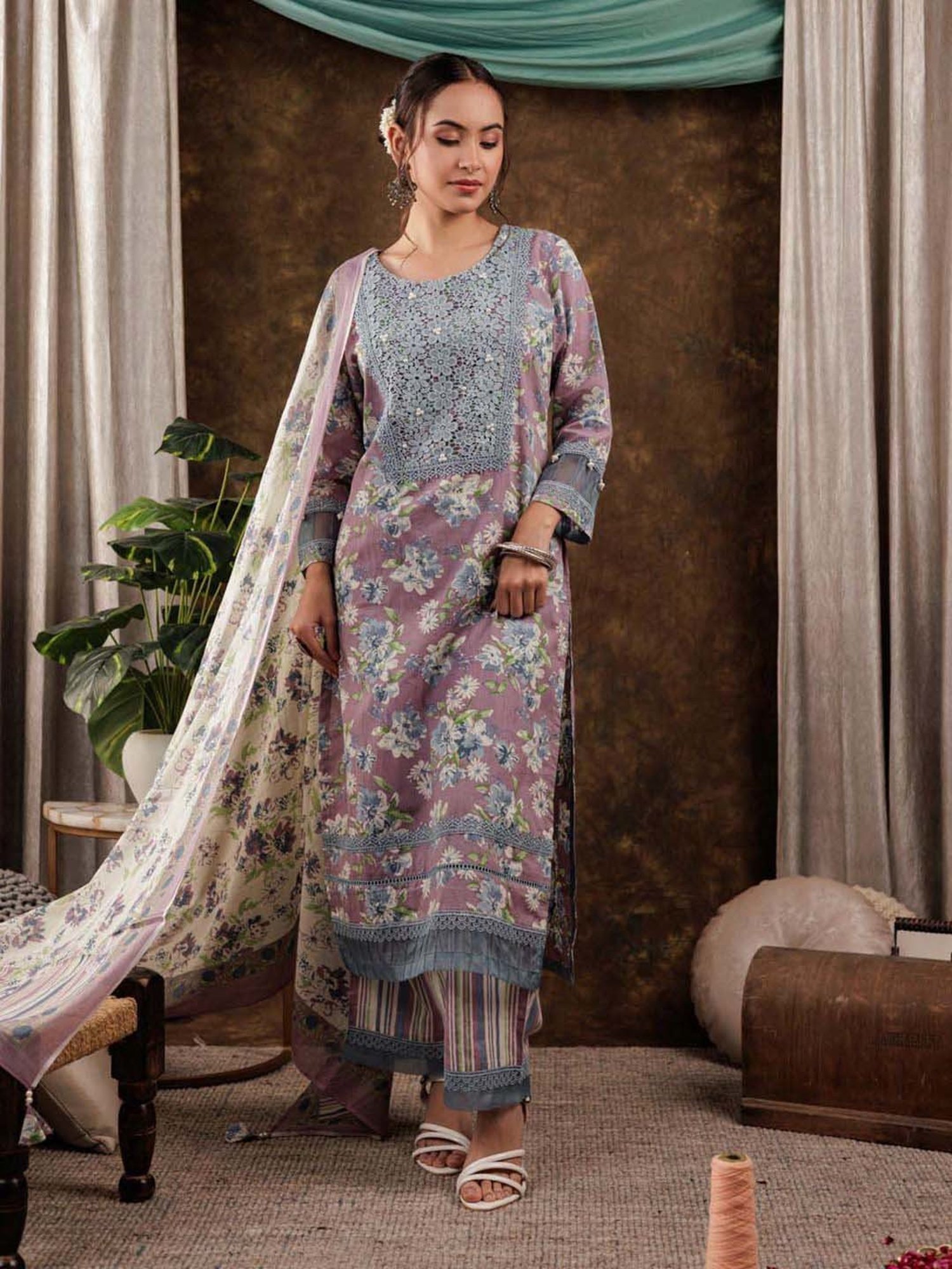 Yufta Purple Cotton Printed Kurta Pant Set With Dupatta