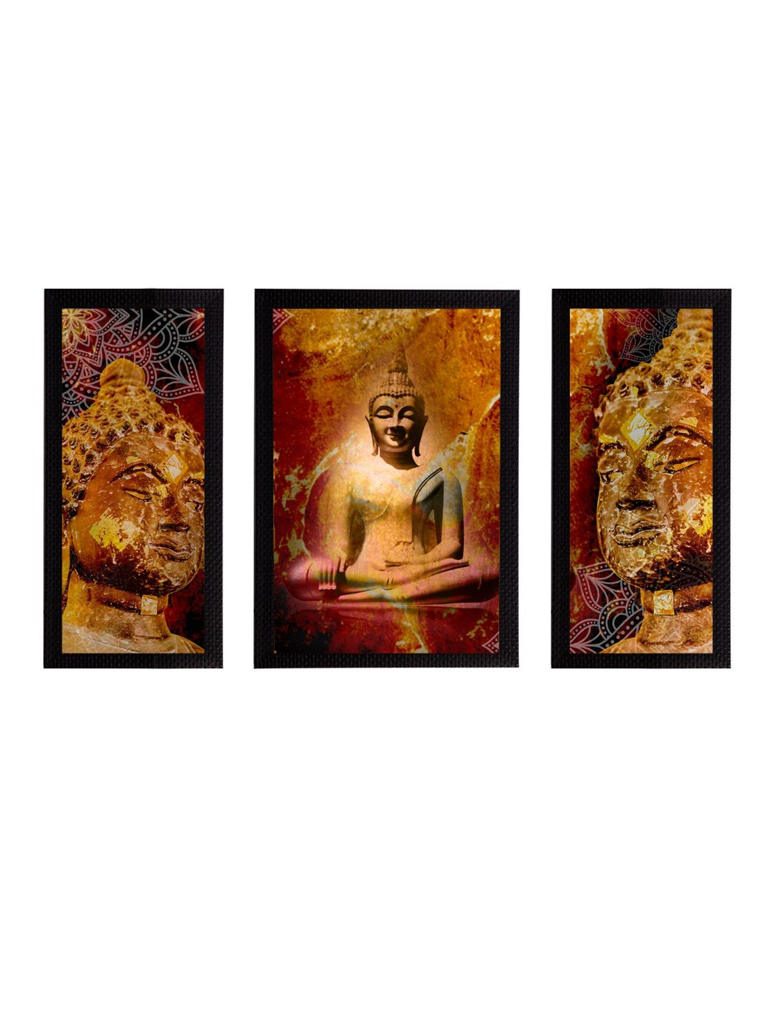 eCraftIndia Set of 3 Meditating Lord Buddha Satin Matt Textured UV Art Painting