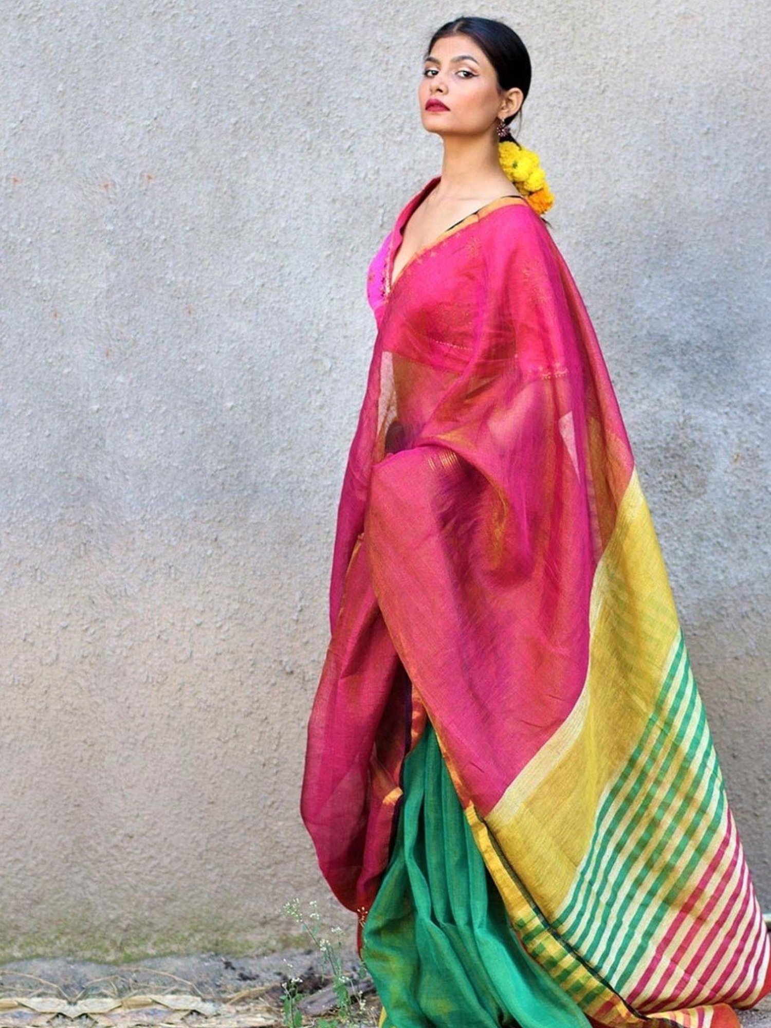 Chidiyaa Fitoor Pink Yellow Oceanic Blue Handwoven Linen Zari Saree Gazala
