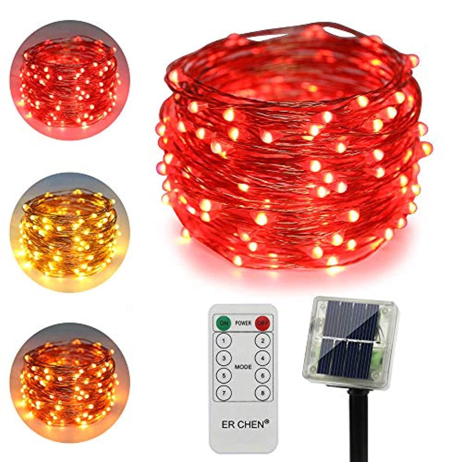 erchen dualcolor solar powered led string lights, 33ft 100 leds remote control color changing 8 modes copper wire decorative fairy lights for outdoor garden patio warm white, red