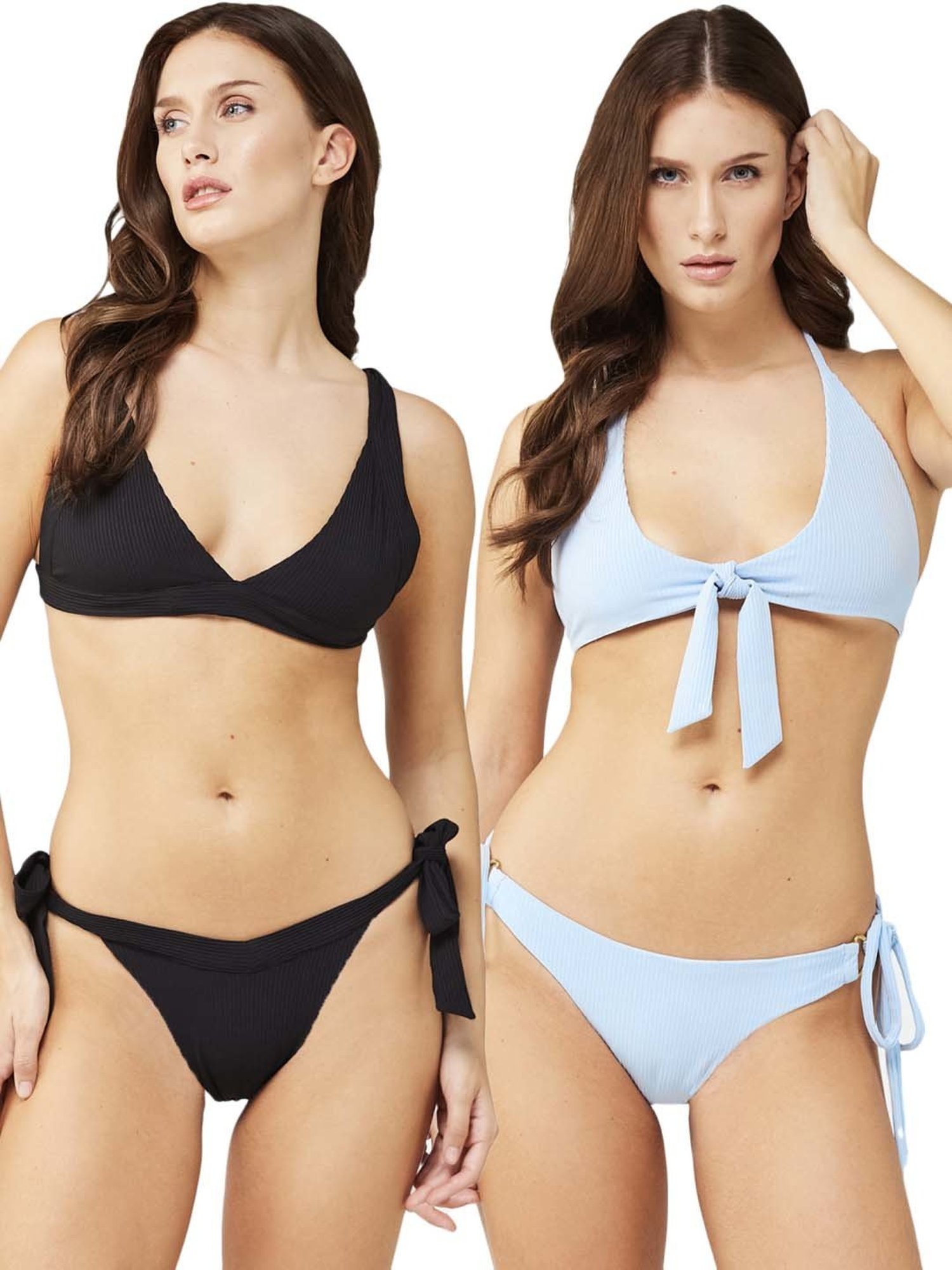 Secrets By ZeroKaata Black & Blue Plain Swimwear Bra Panty Set - Pack Of 2