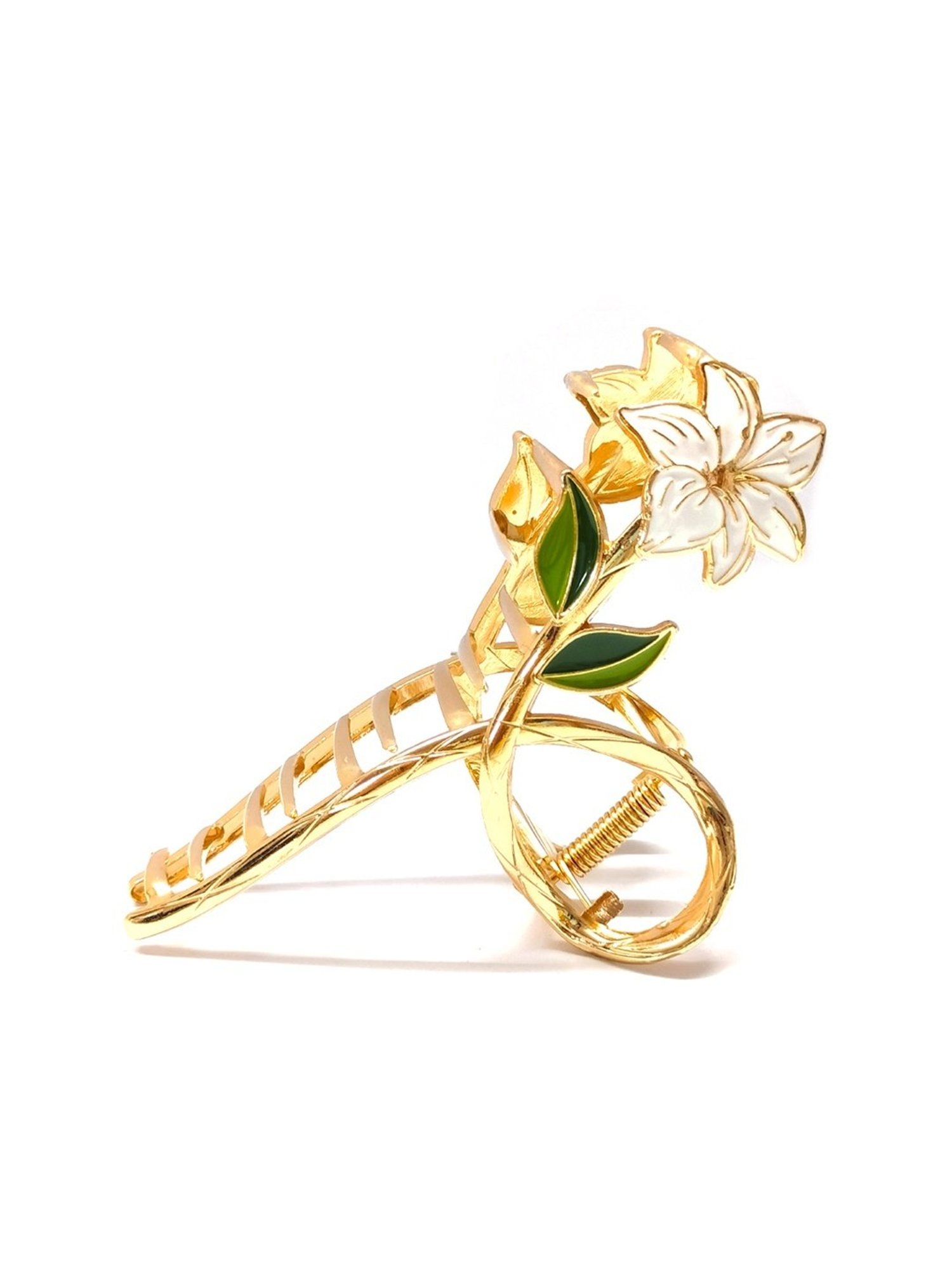 OOMPH Gold Tone White Enamel Lily Floral Shape Large Big Hair Claw