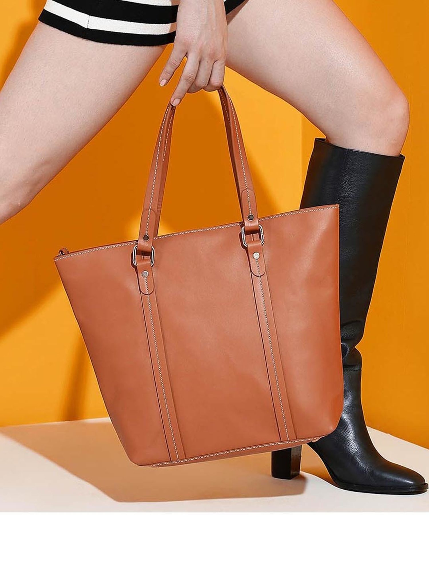 Saint G Tan Solid Medium Shoulder Handbag