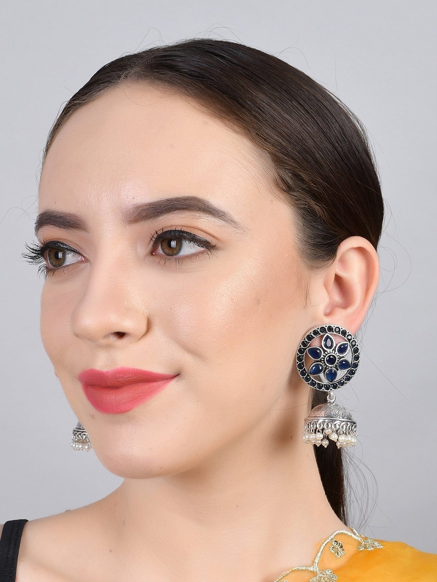 Imli Street Blue-White Silver Tone Stone-Studded Handcrafted Jhumki Earrings
