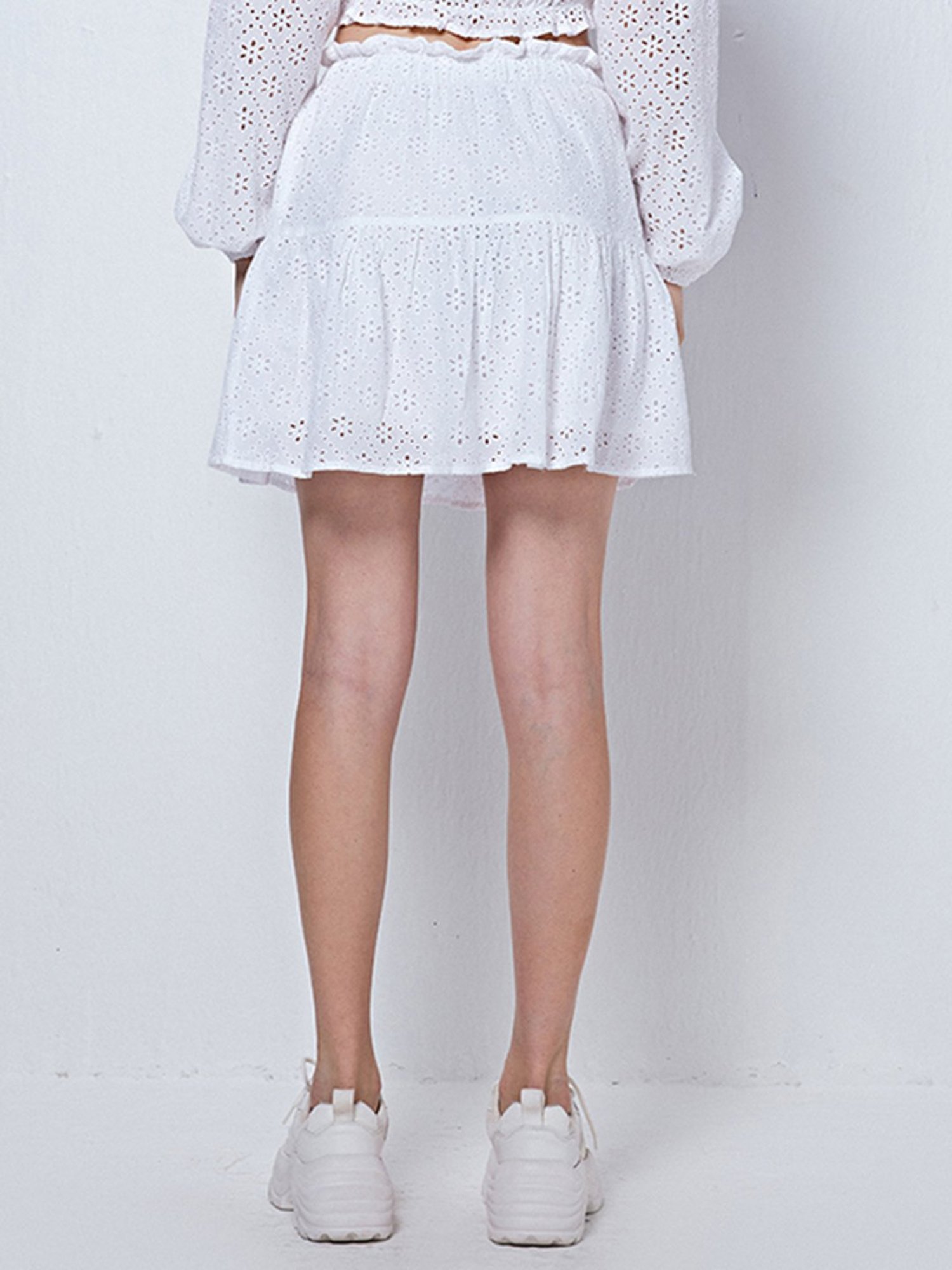 Cover Story White Self Design Mini Skirt