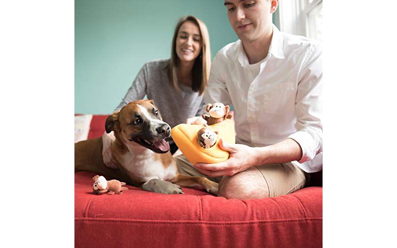 ZippyPaws - Zoo Friends Burrow, Interactive Squeaky Hide and Seek Plush Dog Toy - Monkey 'n Banana