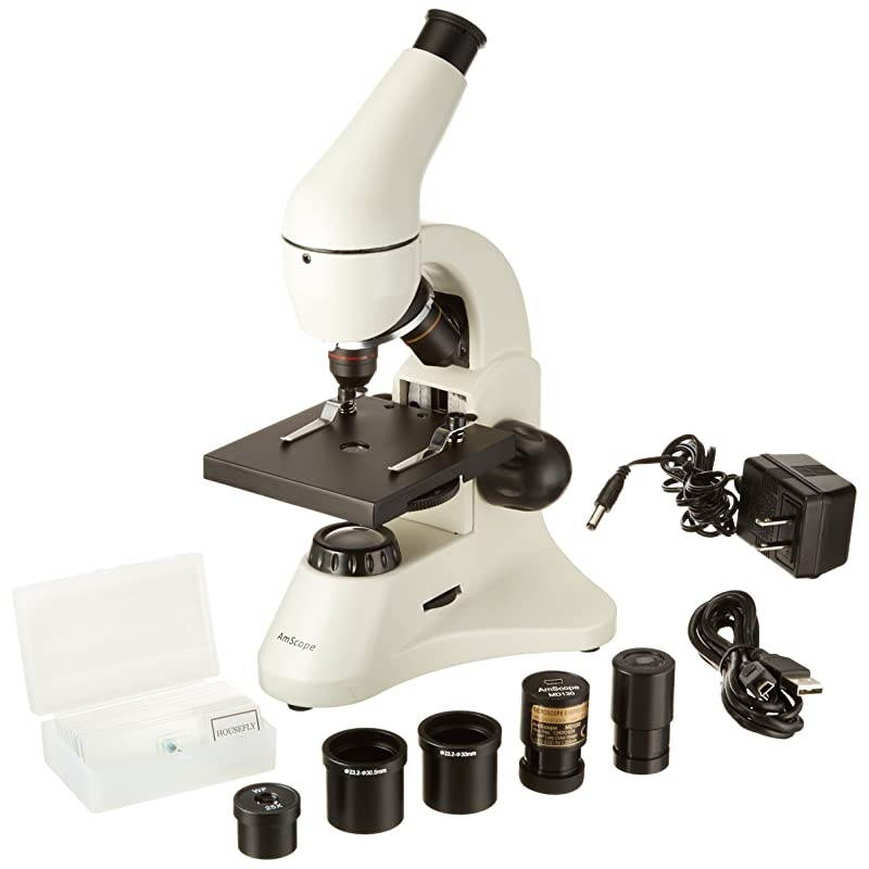 M120C-2L-PB10-E1 Digital Compound Monocular Microscope, WF10x and WF25x Eyepieces, 40x-1000x Magnification, Brightfield, Upper and Lower LED Illumination, Plain Stage, Includes Blank and Prepared Sli