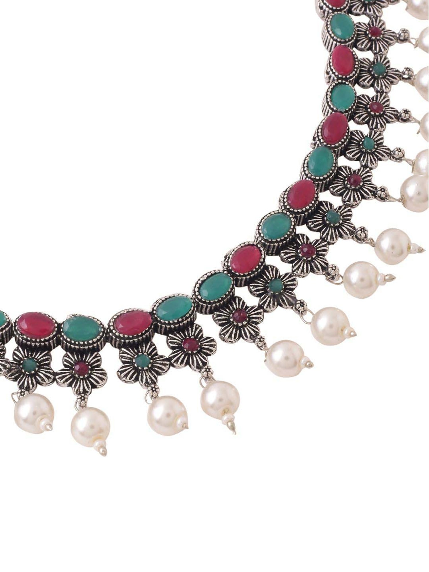 NVR Silver-Plated Stone Studded Oxidized Silver Jewellery Set for Women